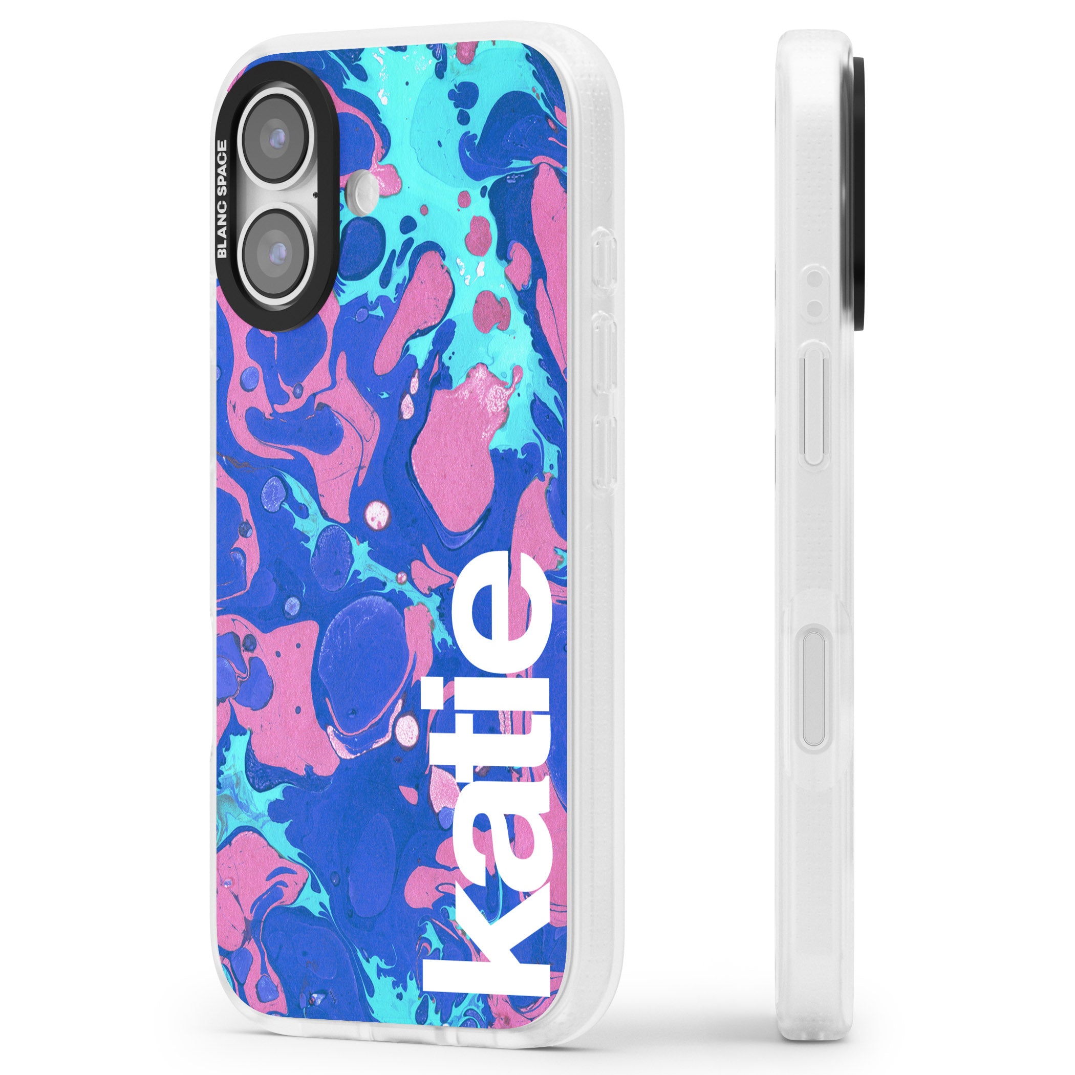 Personalised Navy & Turquoise Marbled iPhone 17 Impact Air Clear Phone Case Side Profile