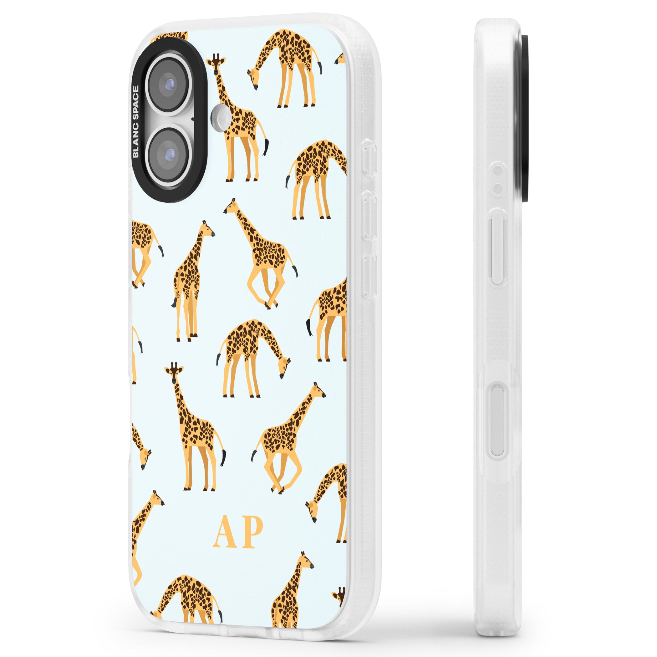 Personalised Safari Giraffe Pattern On Blue iPhone 17 Impact Air Clear Phone Case Side Profile