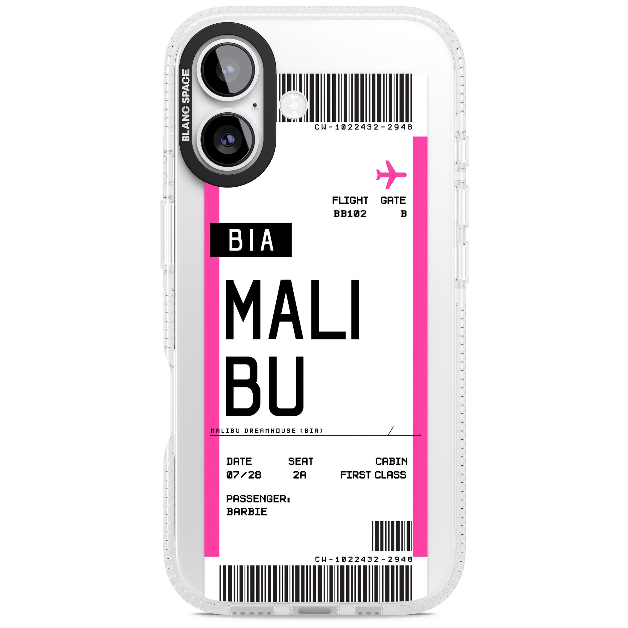 Personalised Pink Malibu Boarding Pass iPhone 17 Impact Air Clear Phone Case