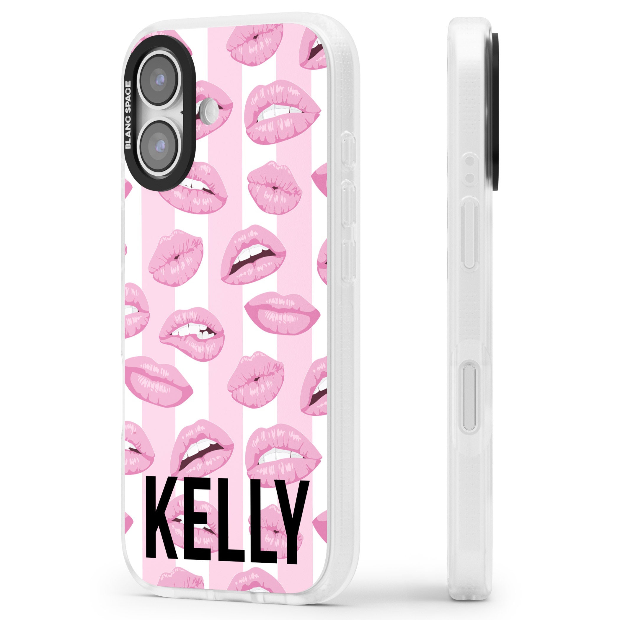 Personalised Pink Stripes & Lips iPhone 17 Impact Air Clear Phone Case Side Profile