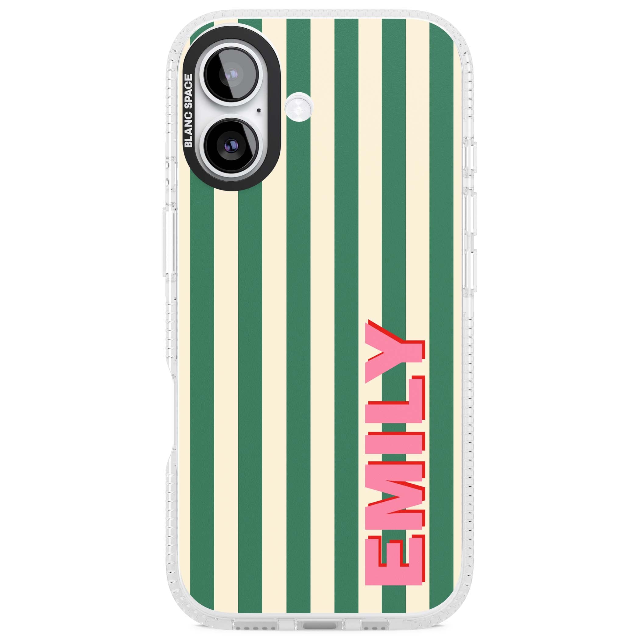 Wimbledon Stripe preppy iPhone case featuring green and cream vertical stripes with a personalised pink name | Clear Case Impact Air case for iPhone 17