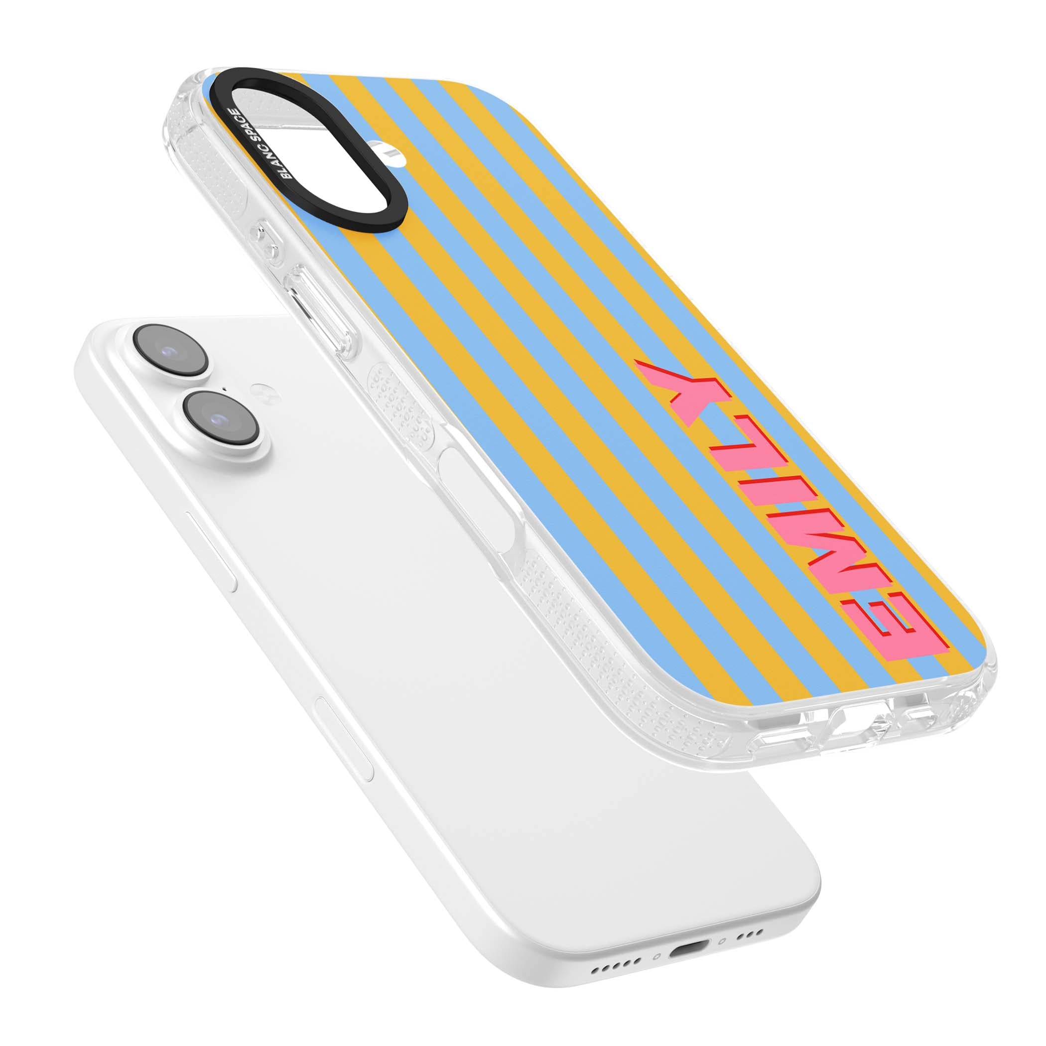 Carribean Stripe personalised coastal iPhone case with yellow and blue vertical stripes and a custom pink name | Clear Case Impact Air case for iPhone 17