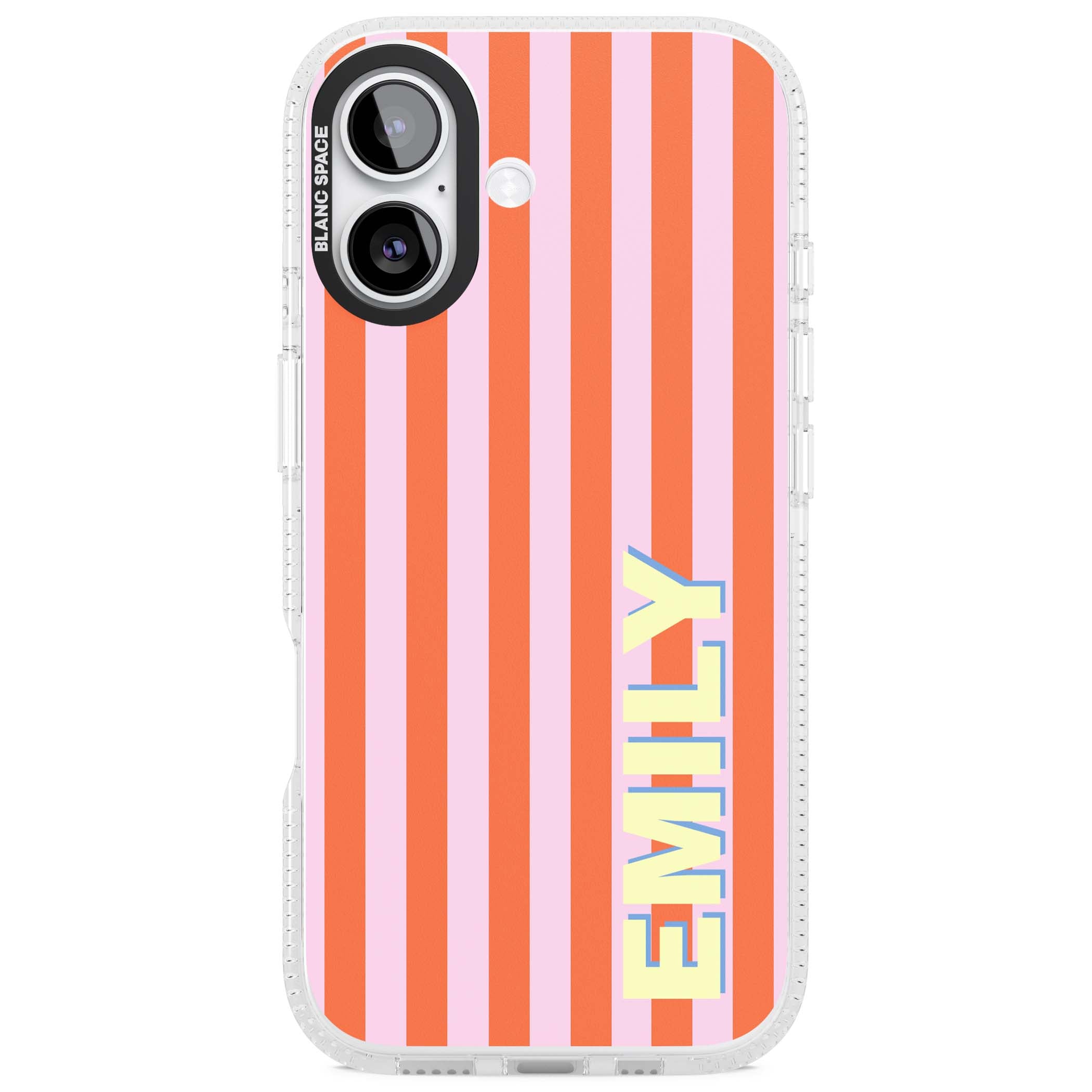 Havana Stripe personalised iPhone case featuring pink and orange vertical stripes with a custom yellow name | Clear Case Impact Air case for iPhone 17