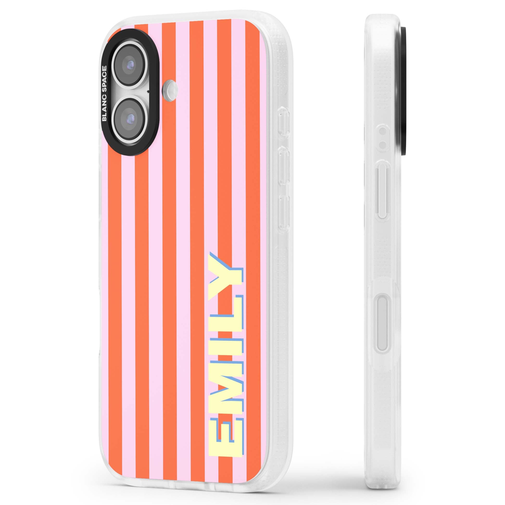 Havana Stripe personalised iPhone case featuring pink and orange vertical stripes with a custom yellow name | Clear Case Impact Air case for iPhone 17
