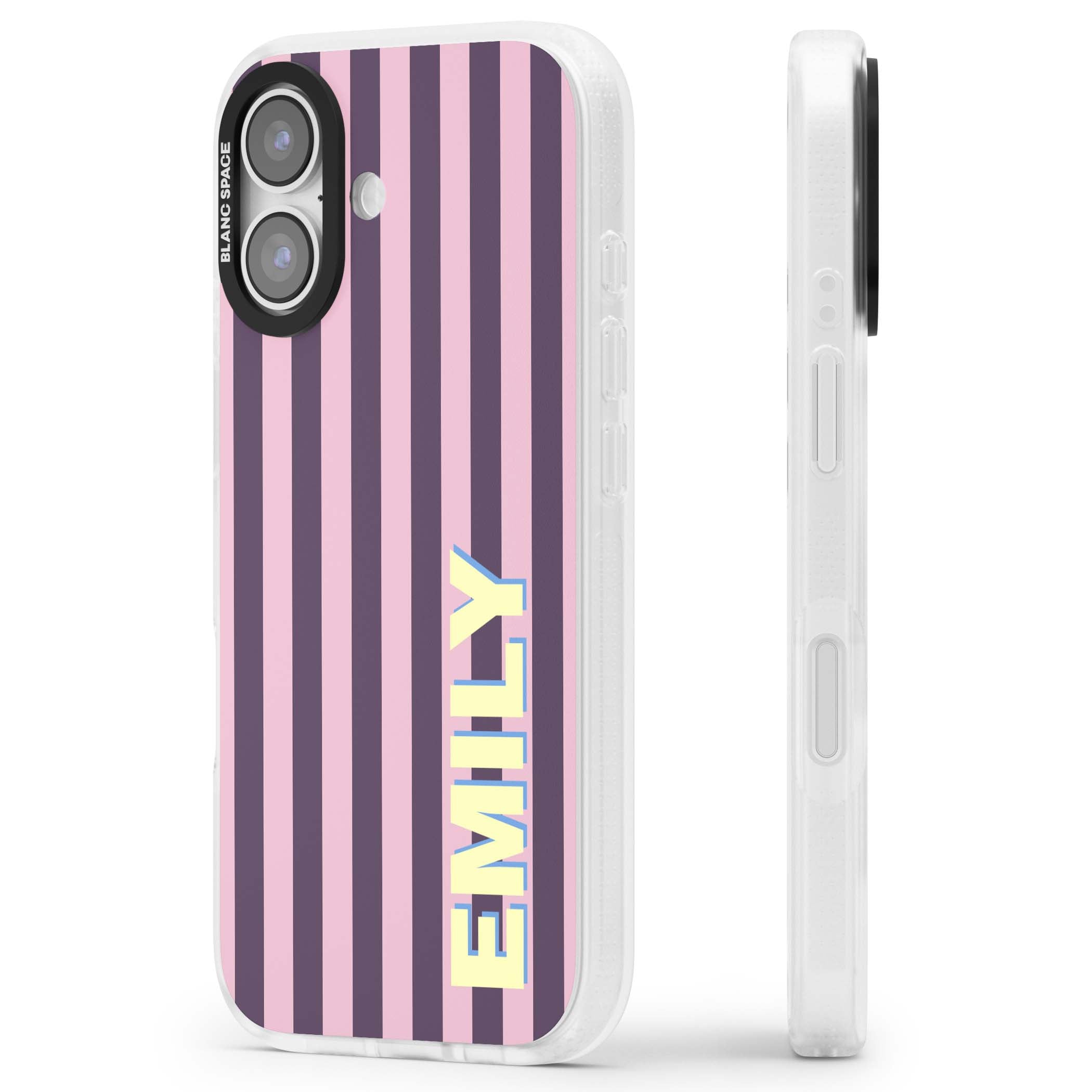 Tyre Stripe personalised stripe iPhone case with plum and pink vertical stripes and custom yellow name | Clear Case Impact Air case for iPhone 17
