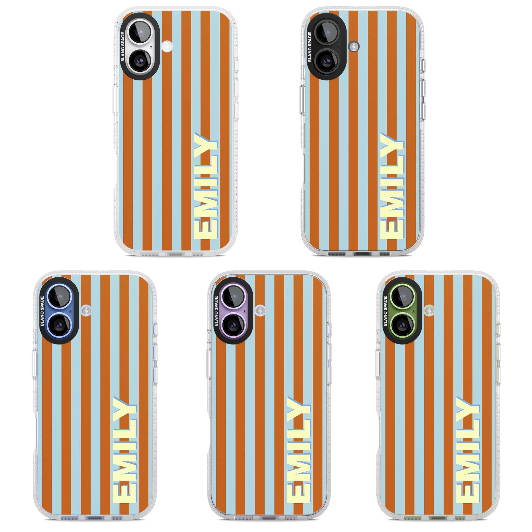 Cappadocia Stripe personalised coastal iPhone case featuring blue and orange vertical stripes with custom cream name | Clear Case Impact Air case for iPhone 17