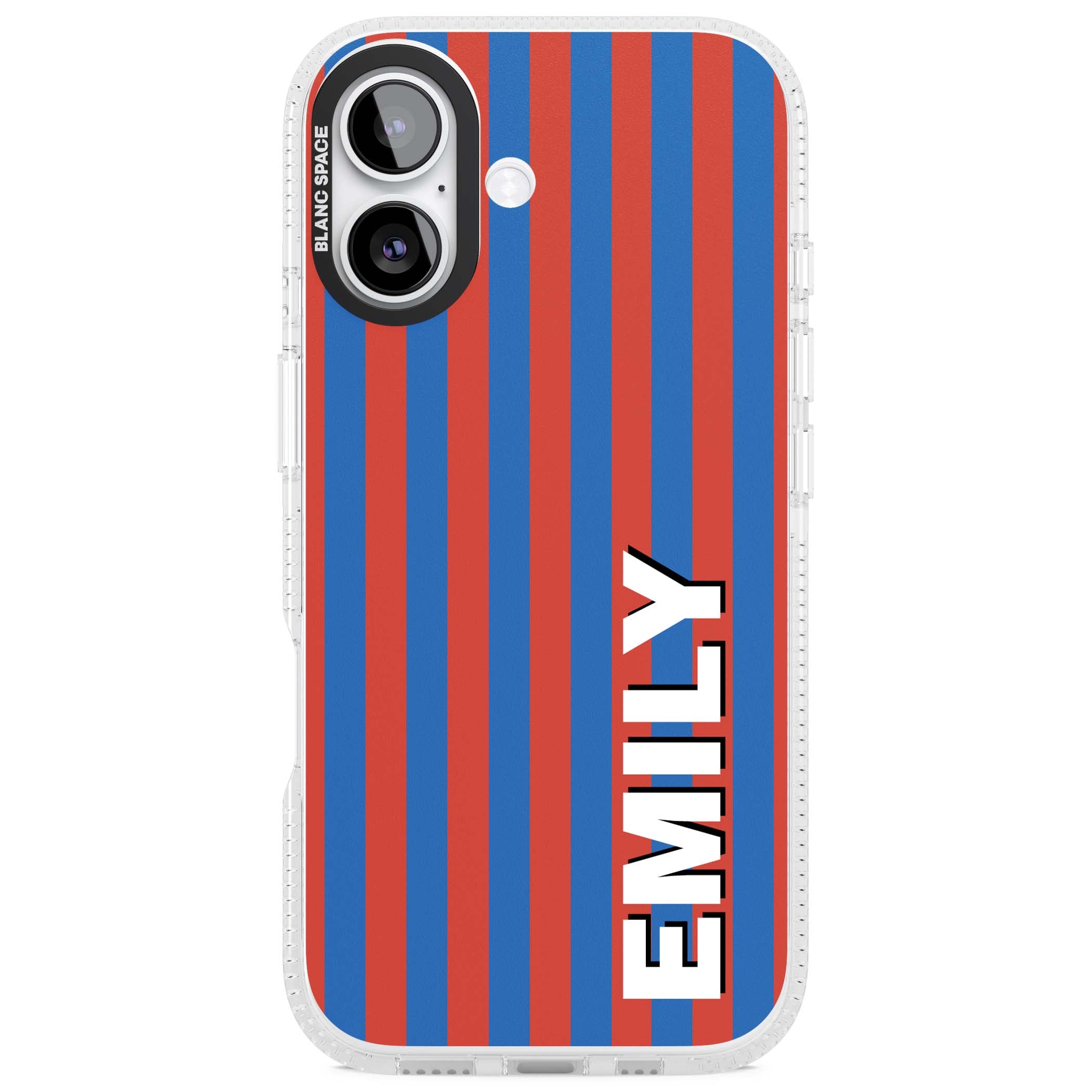 Cuban Stripe personalised iPhone case featuring red and blue vertical stripes with custom name in bold white letters | Clear Case Impact Air case for iPhone 17