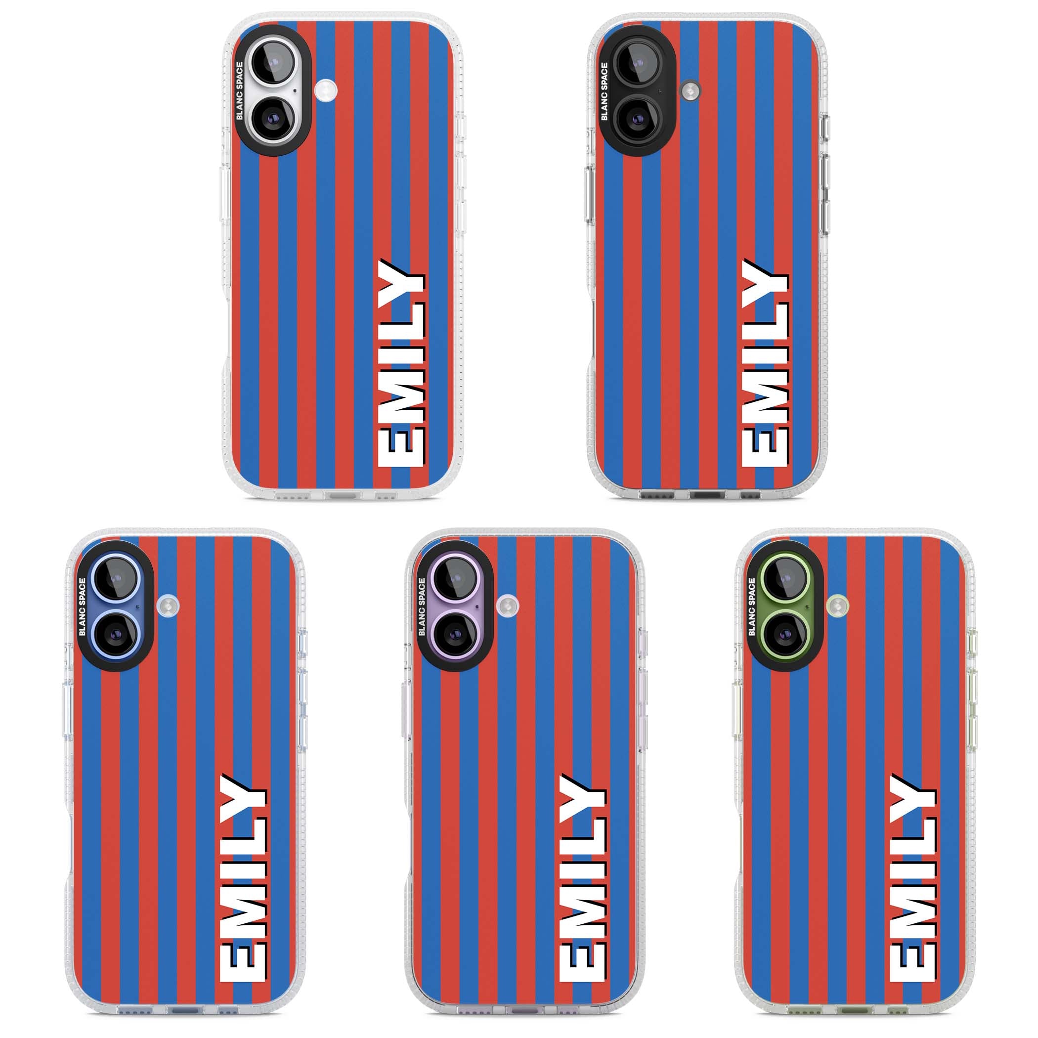 Cuban Stripe personalised iPhone case featuring red and blue vertical stripes with custom name in bold white letters | Clear Case Impact Air case for iPhone 17