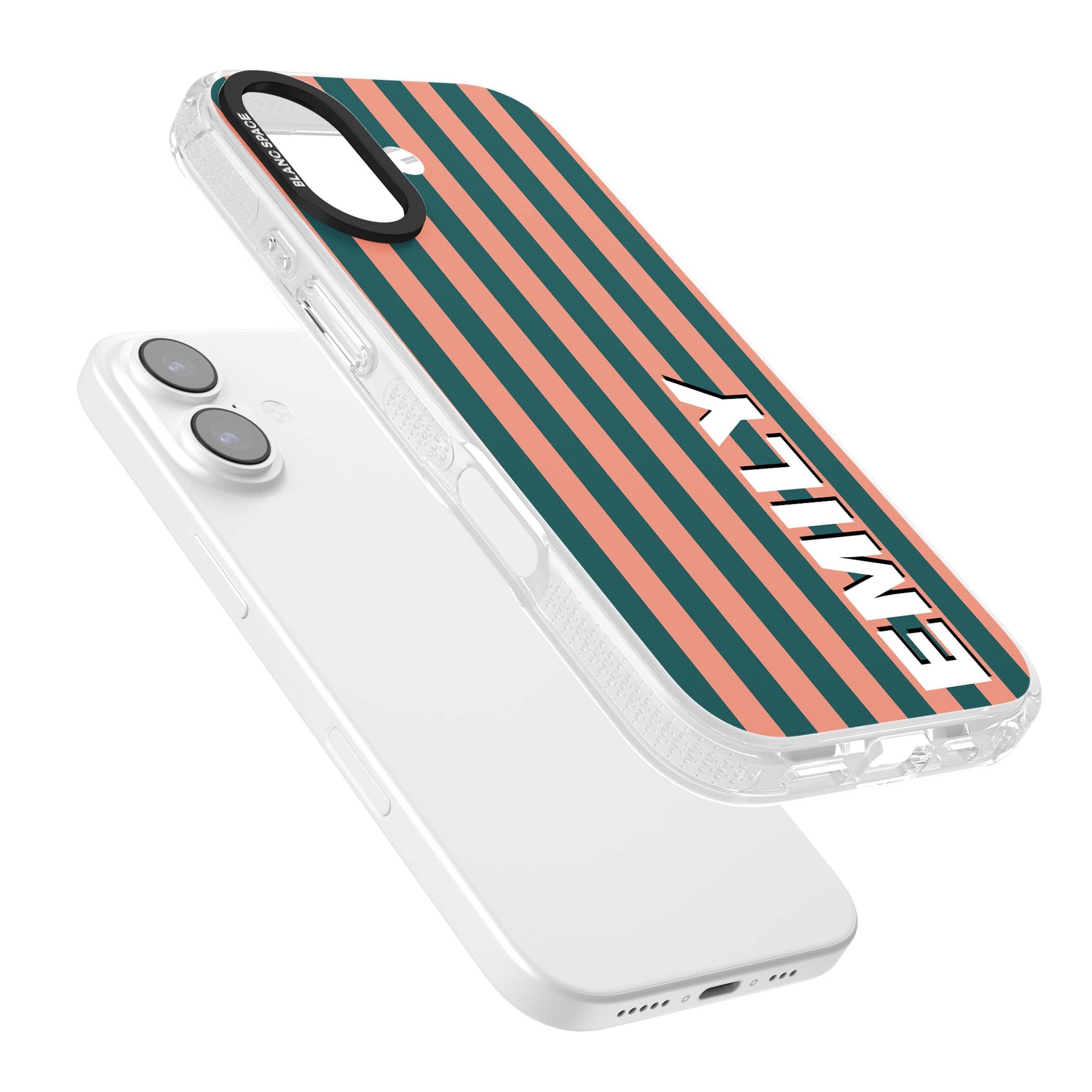 Tuscan Stripe personalised iPhone case featuring coral and green vertical stripes with bold custom name | Clear Case Impact Air case for iPhone 17