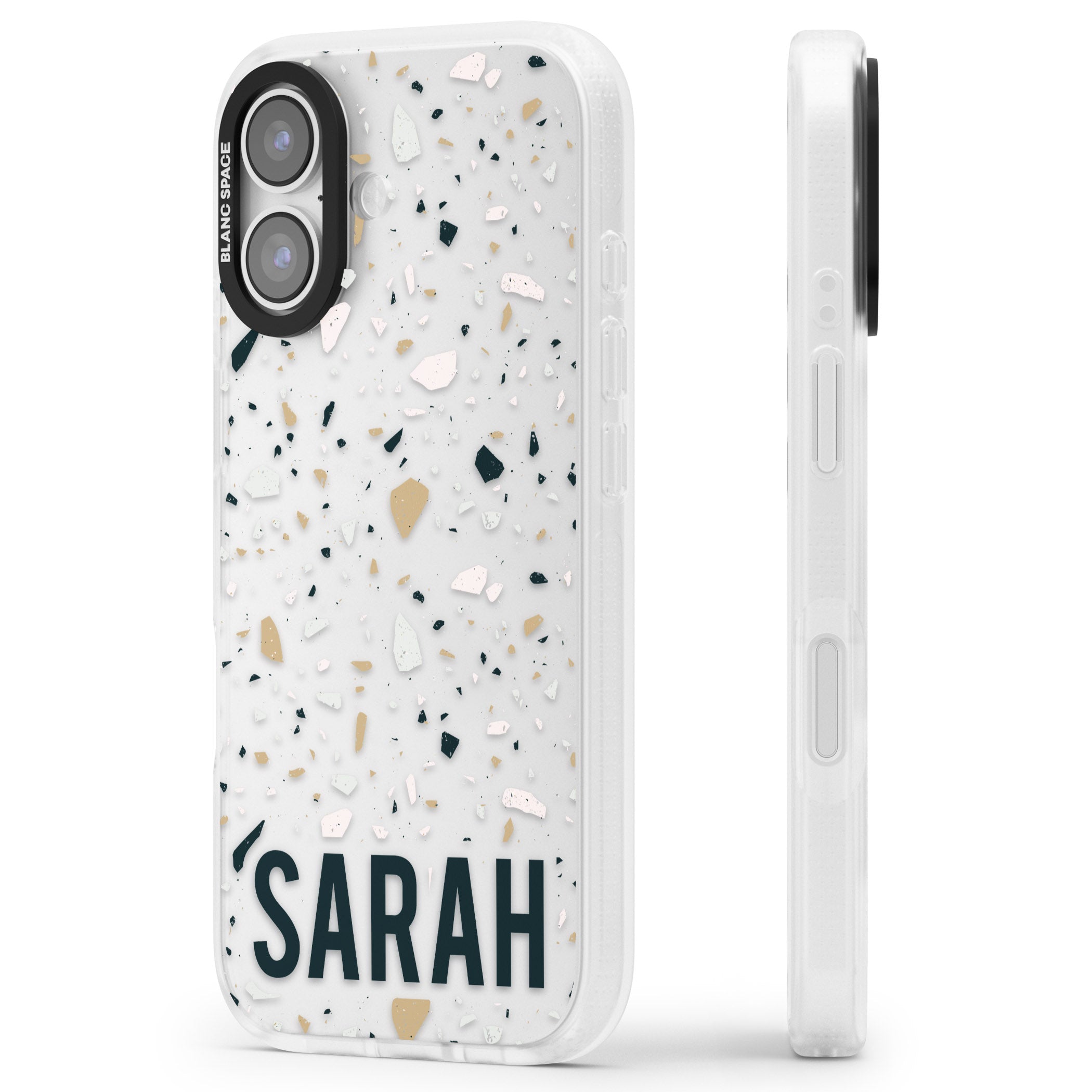 Personalised Terrazzo Blue, Pink, Brown iPhone 17 Impact Air Clear Phone Case Side Profile