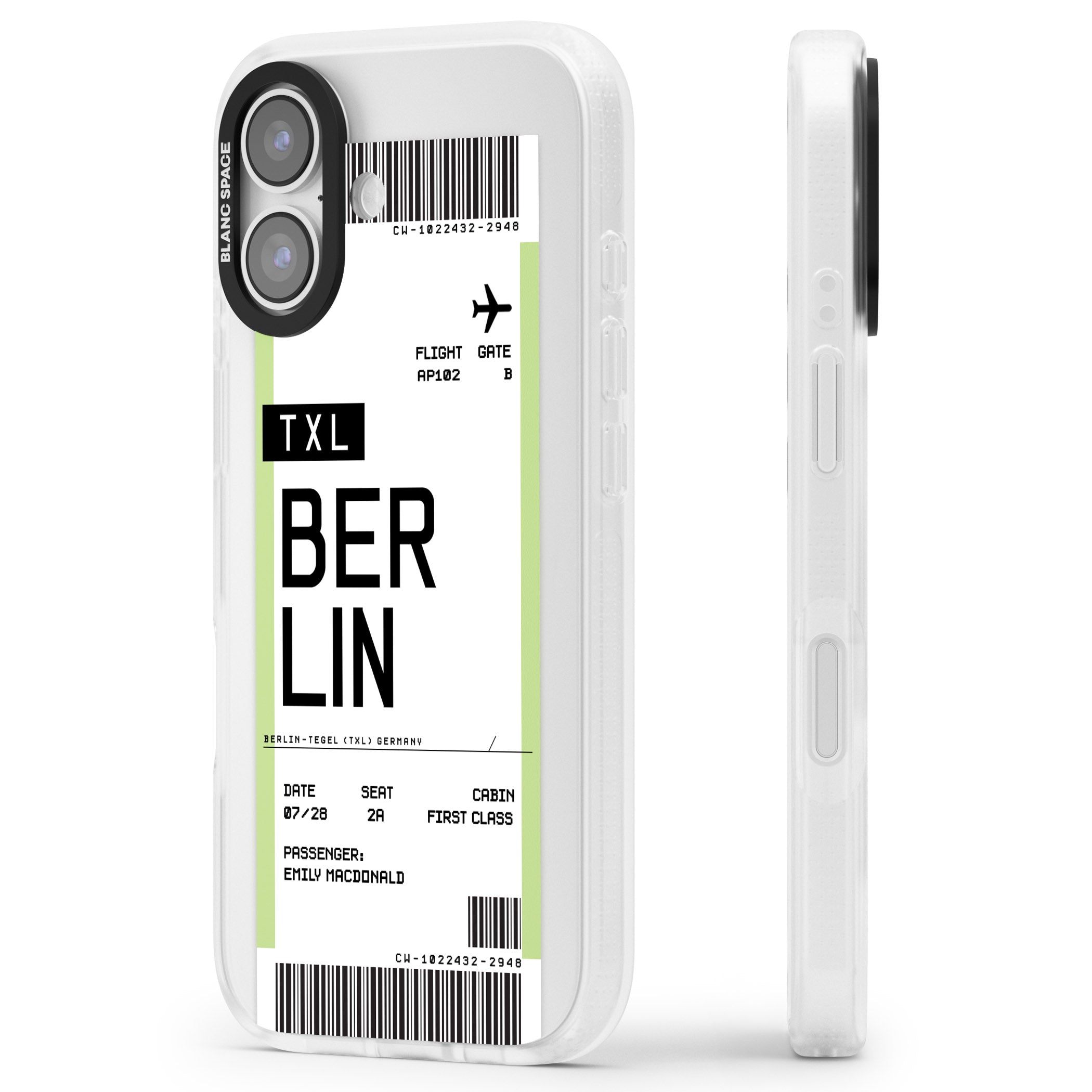 Personalised Berlin Boarding Pass iPhone 17 Impact Air Clear Phone Case Side Profile