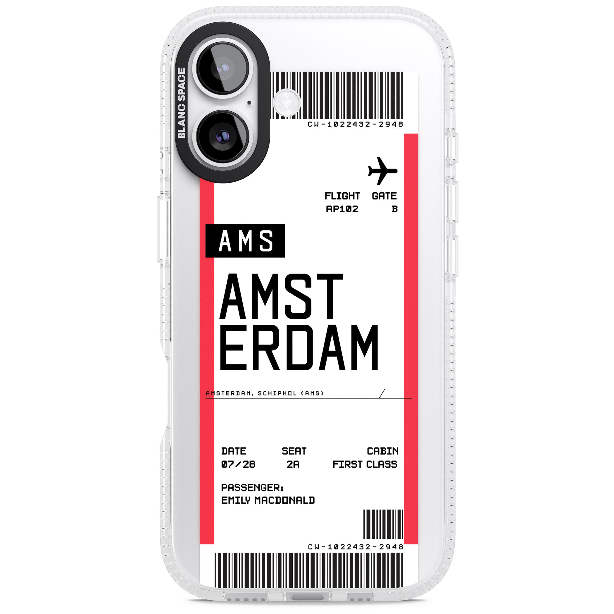 Personalised Amsterdam Boarding Pass iPhone 17 Impact Air Clear Phone Case
