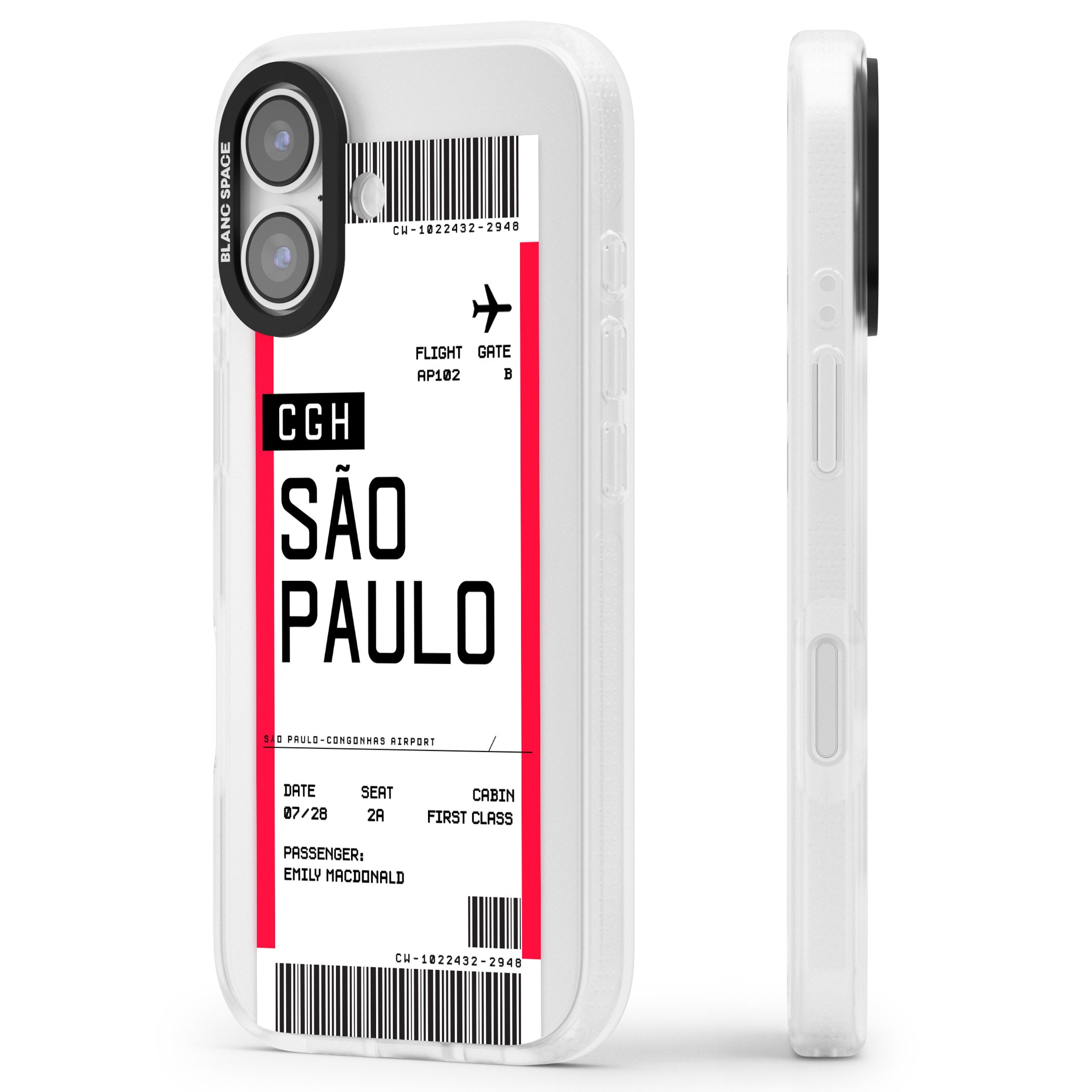 Personalised São Paulo Boarding Pass iPhone 17 Impact Air Clear Phone Case Side Profile