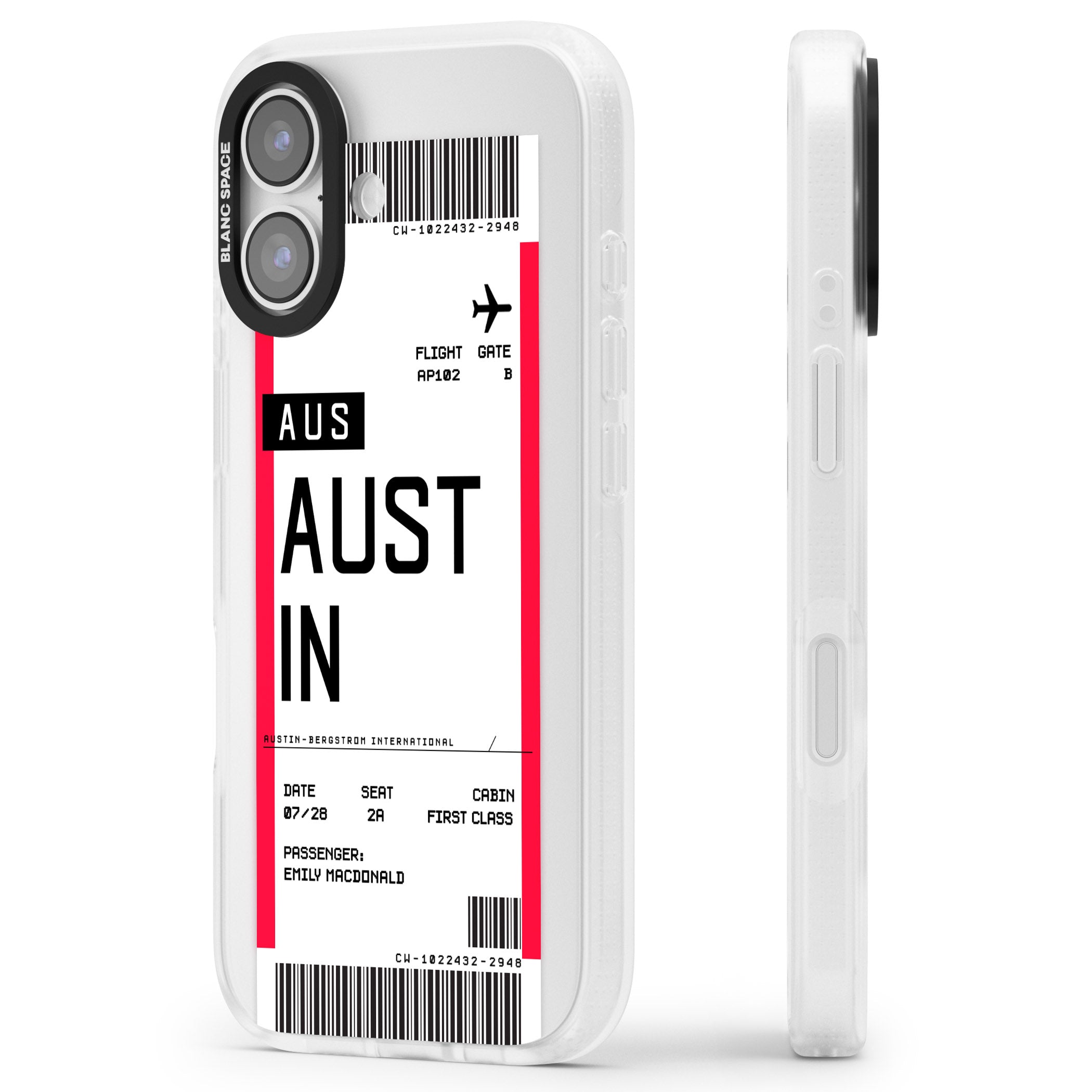 Personalised Austin Boarding Pass iPhone 17 Impact Air Clear Phone Case Side Profile