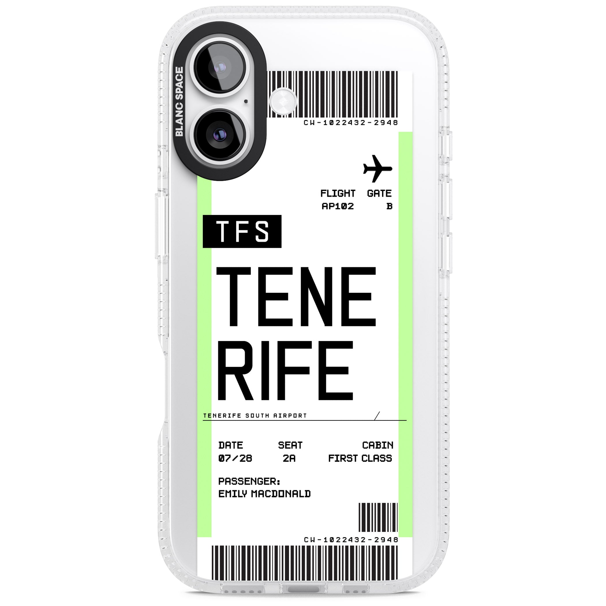 Personalised Tenerife Boarding Pass iPhone 17 Impact Air Clear Phone Case