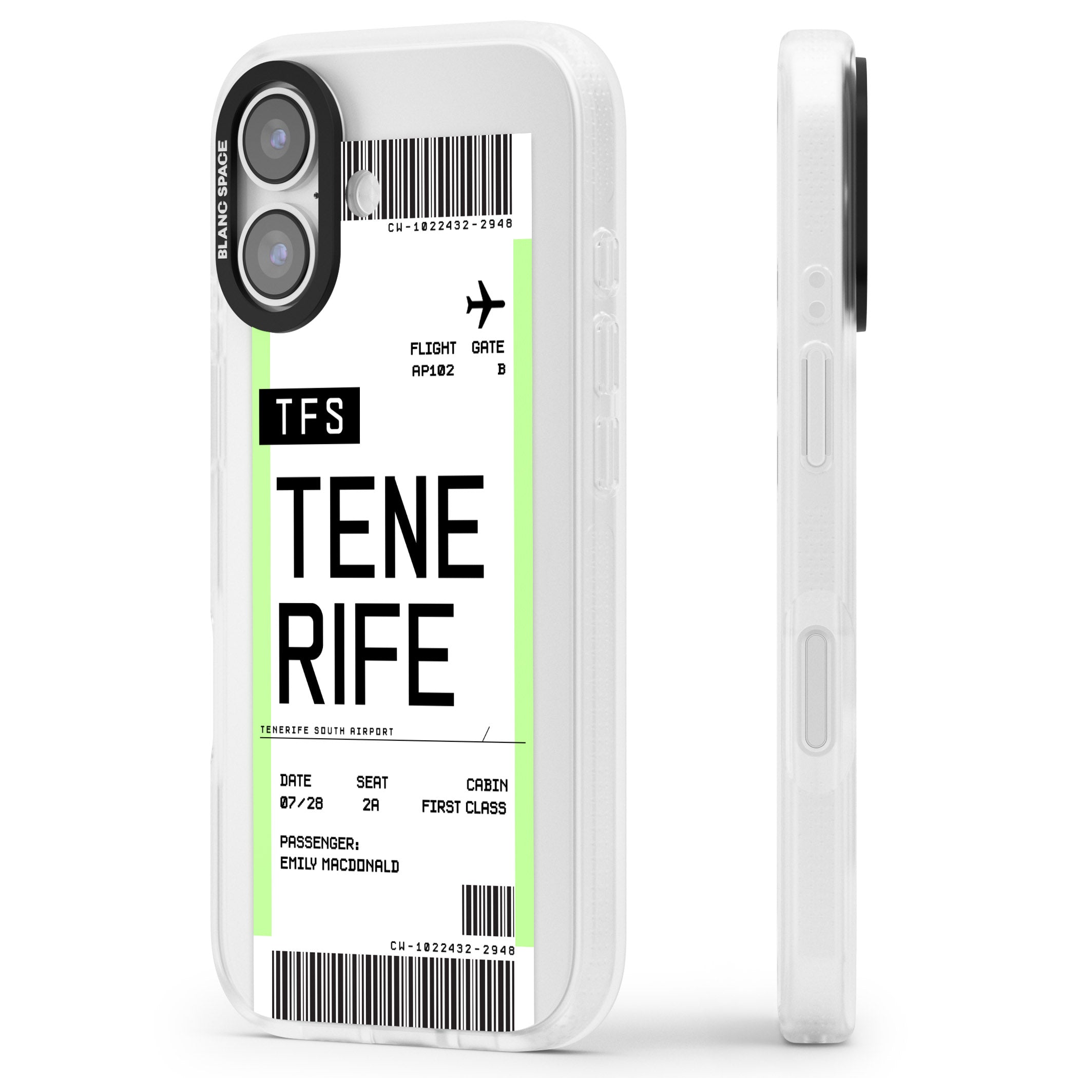 Personalised Tenerife Boarding Pass iPhone 17 Impact Air Clear Phone Case Side Profile