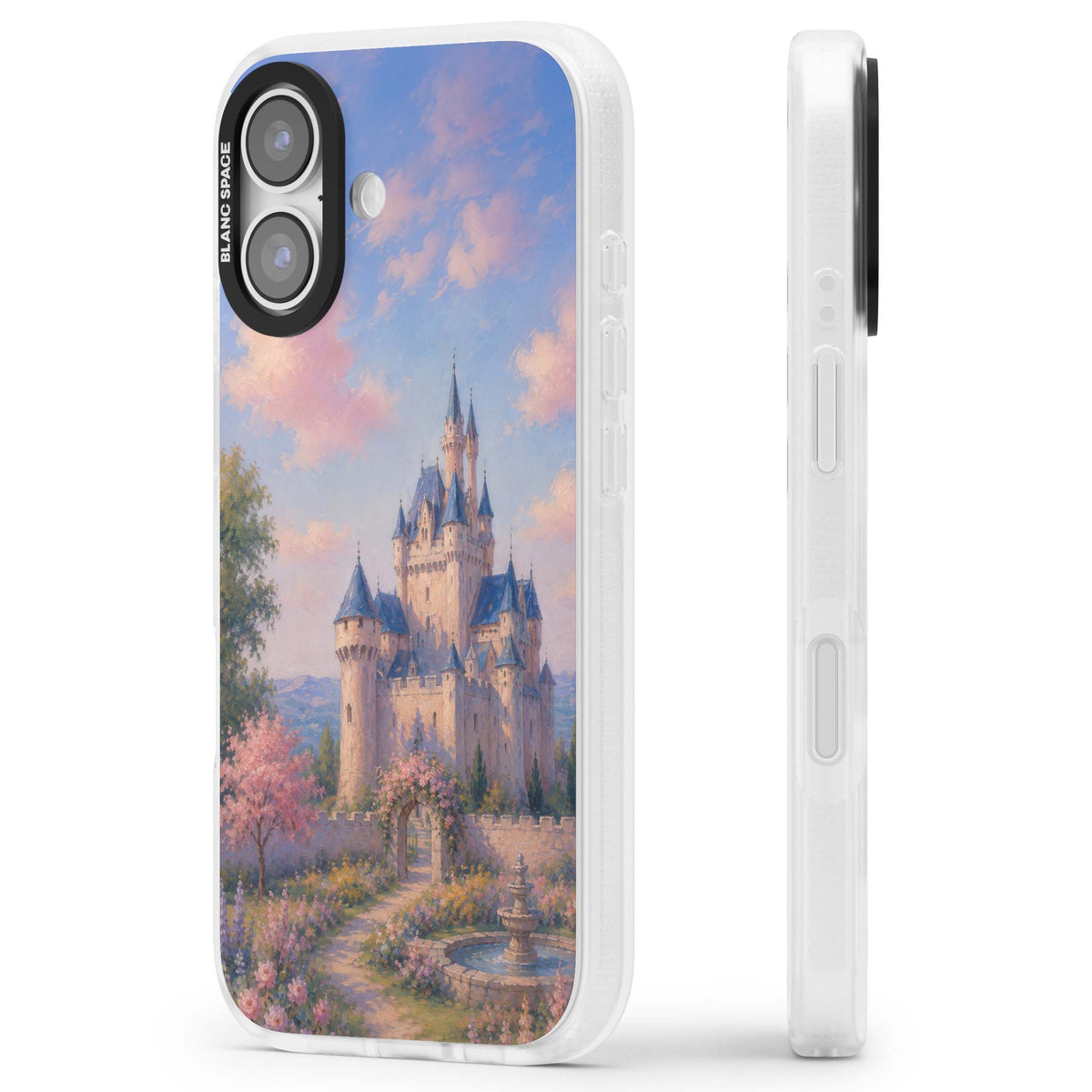 Enchanted Kingdom fairytale iPhone case featuring a romantic castle painting with cherry blossoms and pastel pink sky | Clear Case Impact Air case for iPhone 17