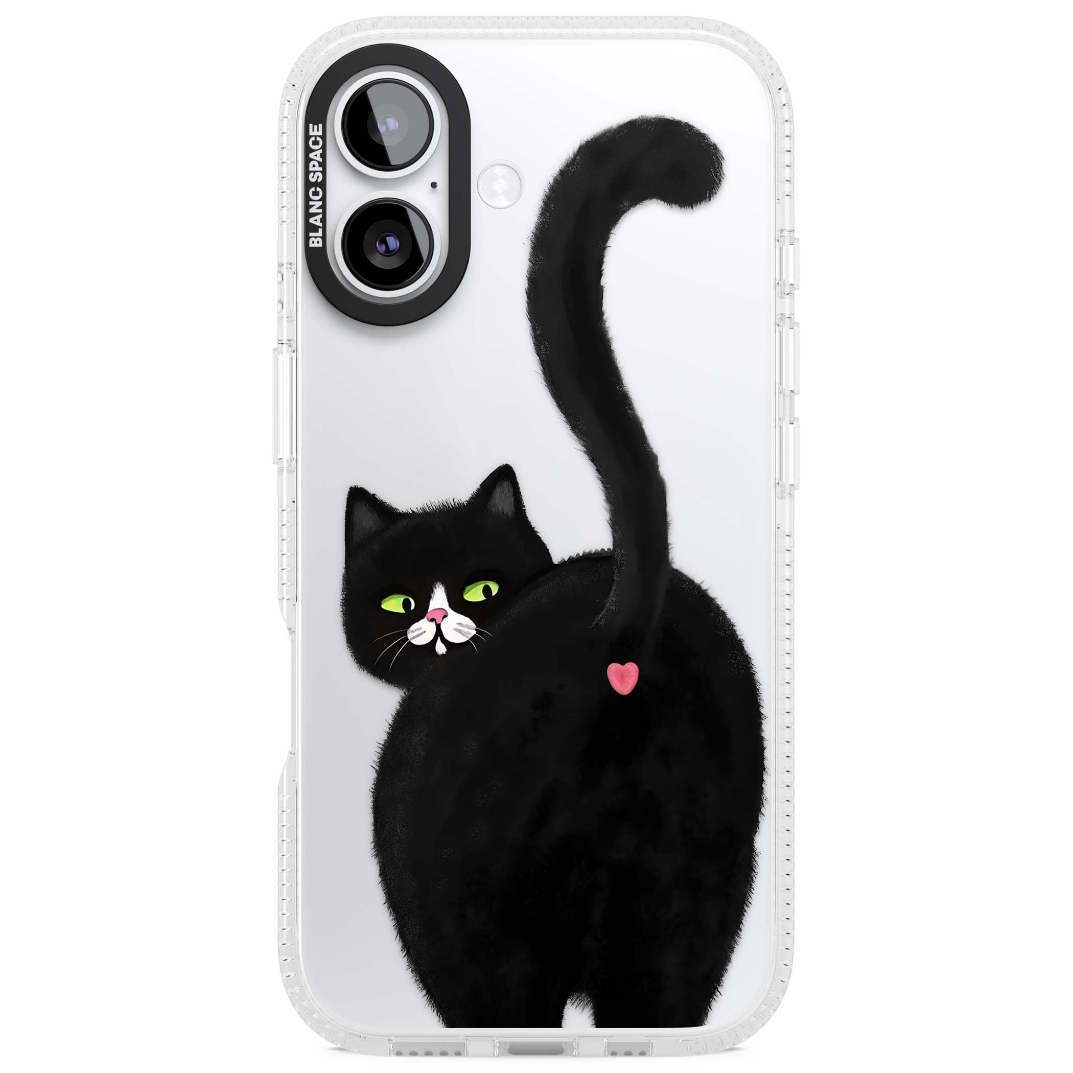 The Cat's Kiss cute cat iPhone case featuring a hand-painted tuxedo kitty with green eyes and a pink heart on a clear | Clear Case Impact Air case for iPhone 17