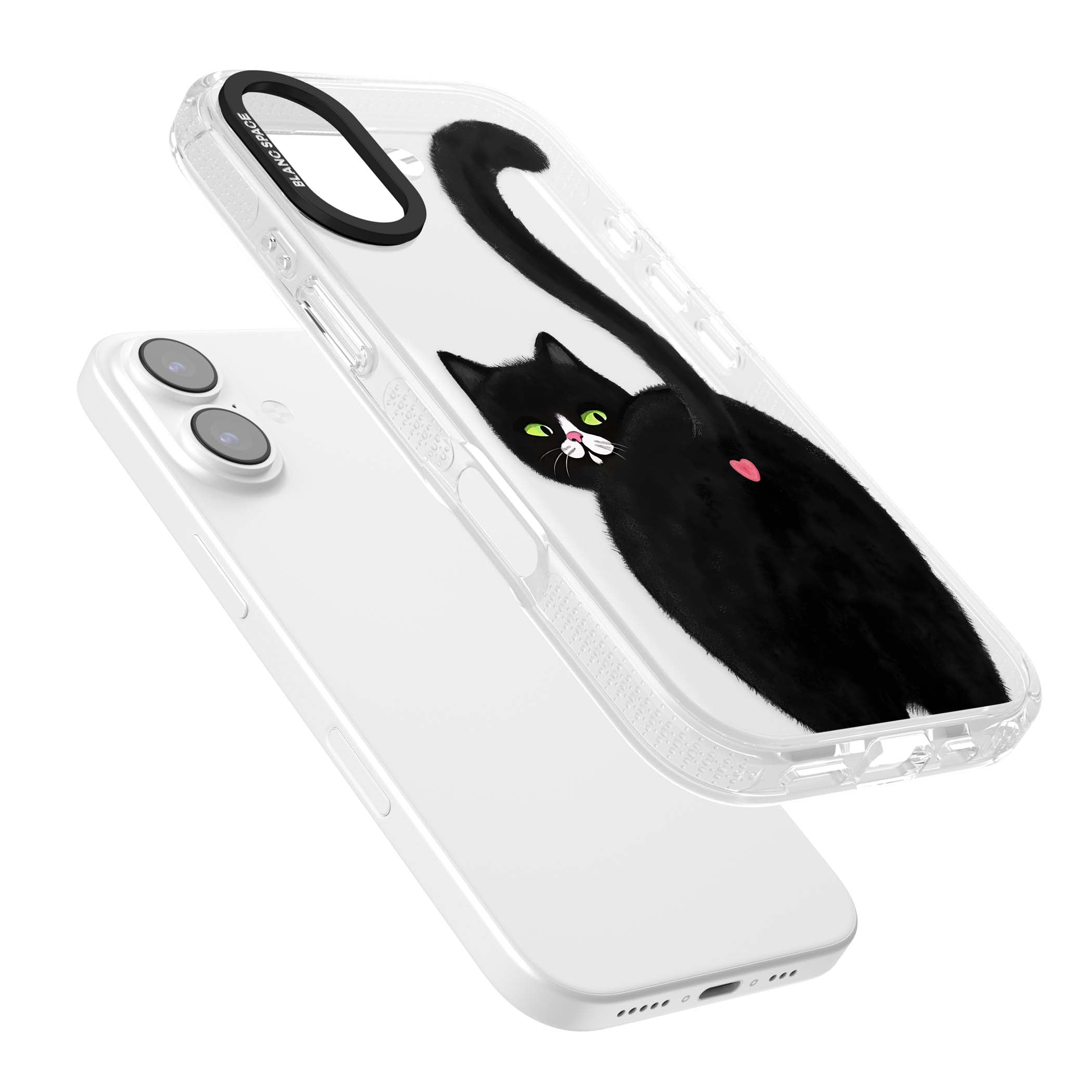 The Cat's Kiss cute cat iPhone case featuring a hand-painted tuxedo kitty with green eyes and a pink heart on a clear | Clear Case Impact Air case for iPhone 17