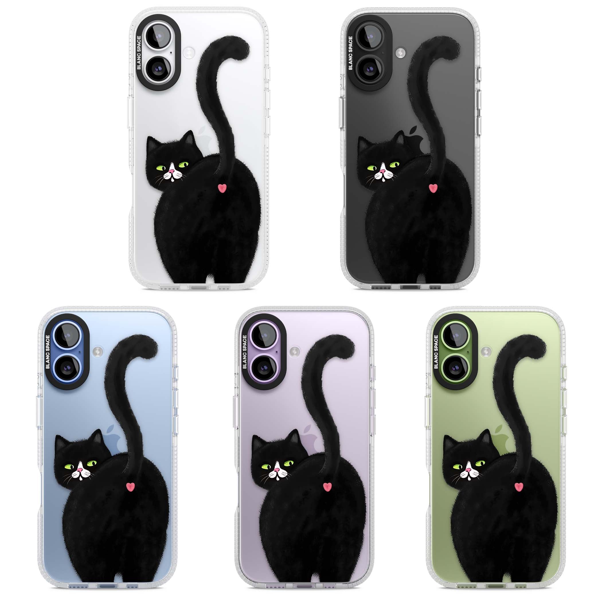 The Cat's Kiss cute cat iPhone case featuring a hand-painted tuxedo kitty with green eyes and a pink heart on a clear | Clear Case Impact Air case for iPhone 17