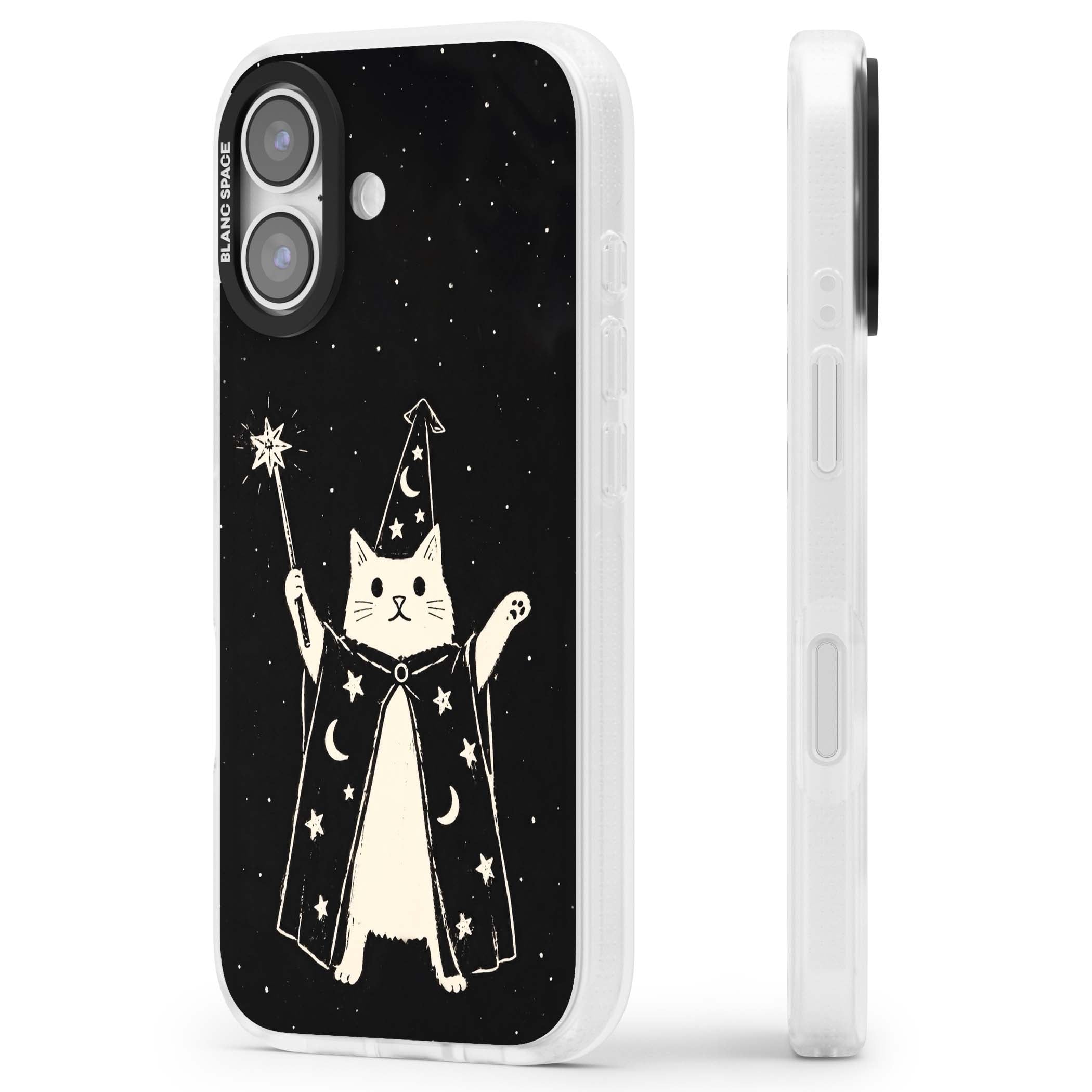 Whisker Wizard celestial cat iPhone case featuring a wizard cat with magic wand, starry night sky and crescent moons | Clear Case Impact Air case for iPhone 17