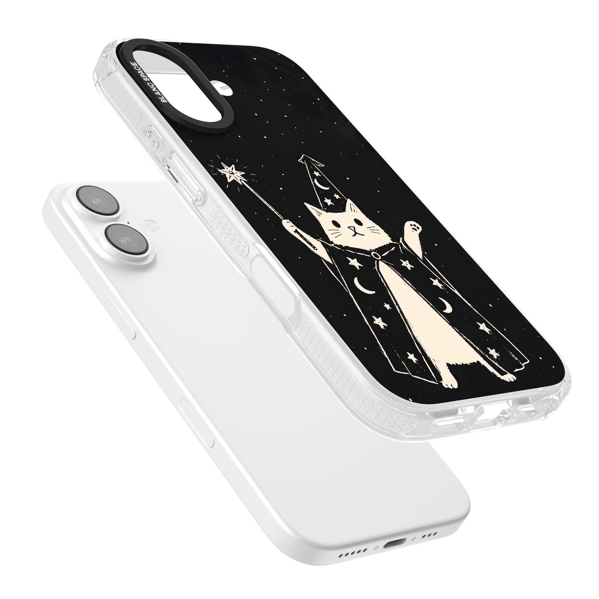 Whisker Wizard celestial cat iPhone case featuring a wizard cat with magic wand, starry night sky and crescent moons | Clear Case Impact Air case for iPhone 17
