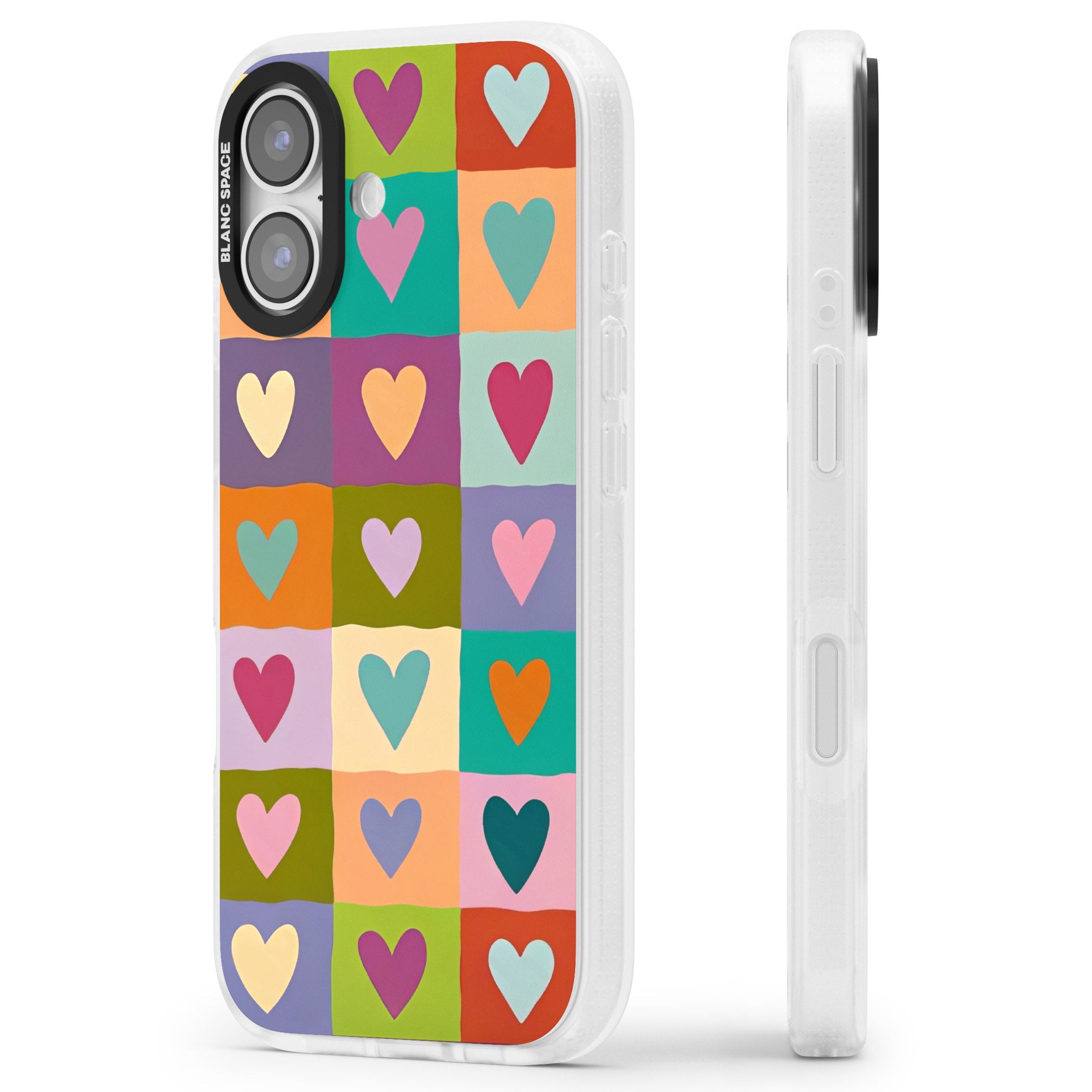 Multicolour Checked Hearts iPhone 17 Impact Air Clear Phone Case Side Profile