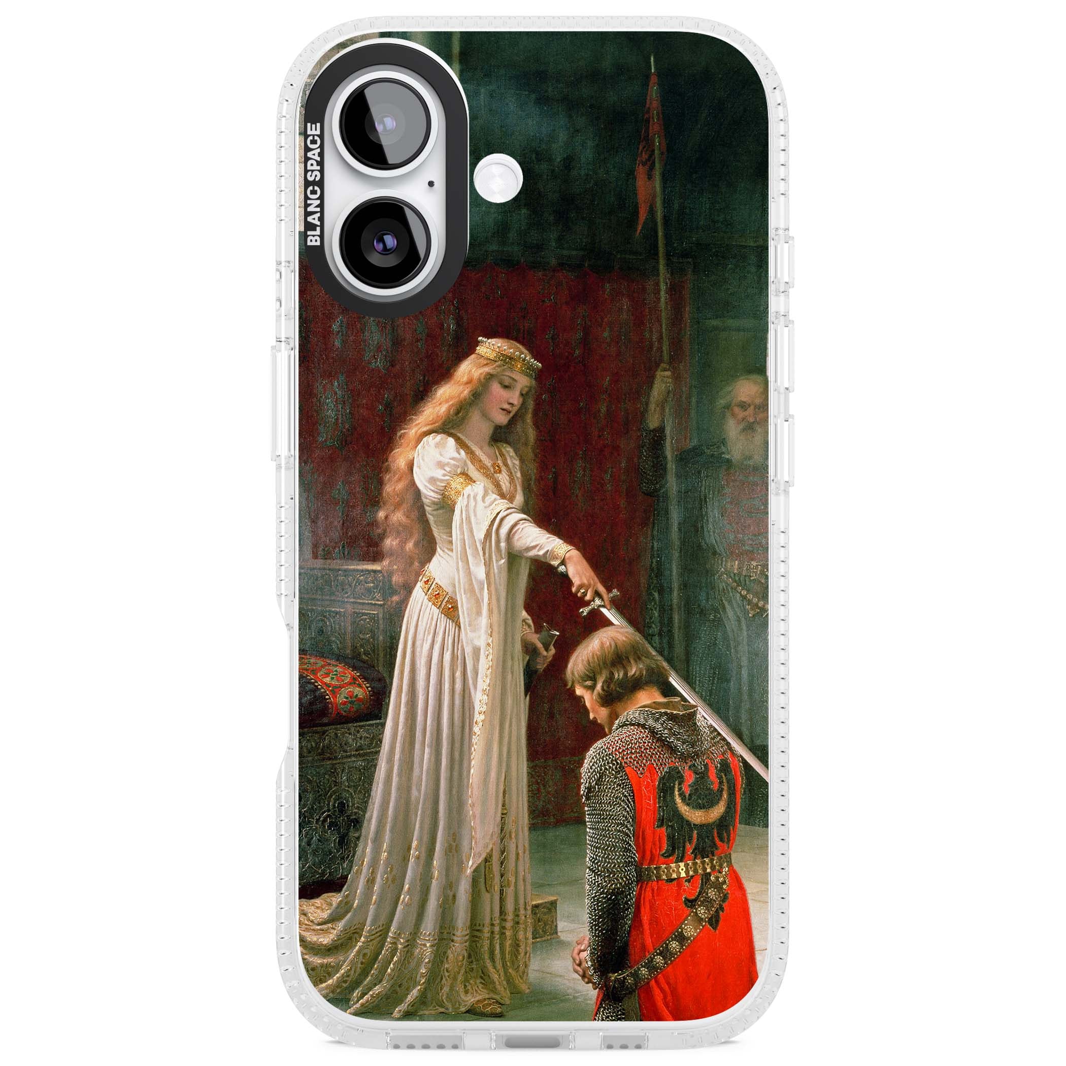 The Accolade renaissance art iPhone case featuring Edmund Blair Leighton's painting of a queen knighting a kneeling knight | Clear Case Impact Air case for iPhone 17
