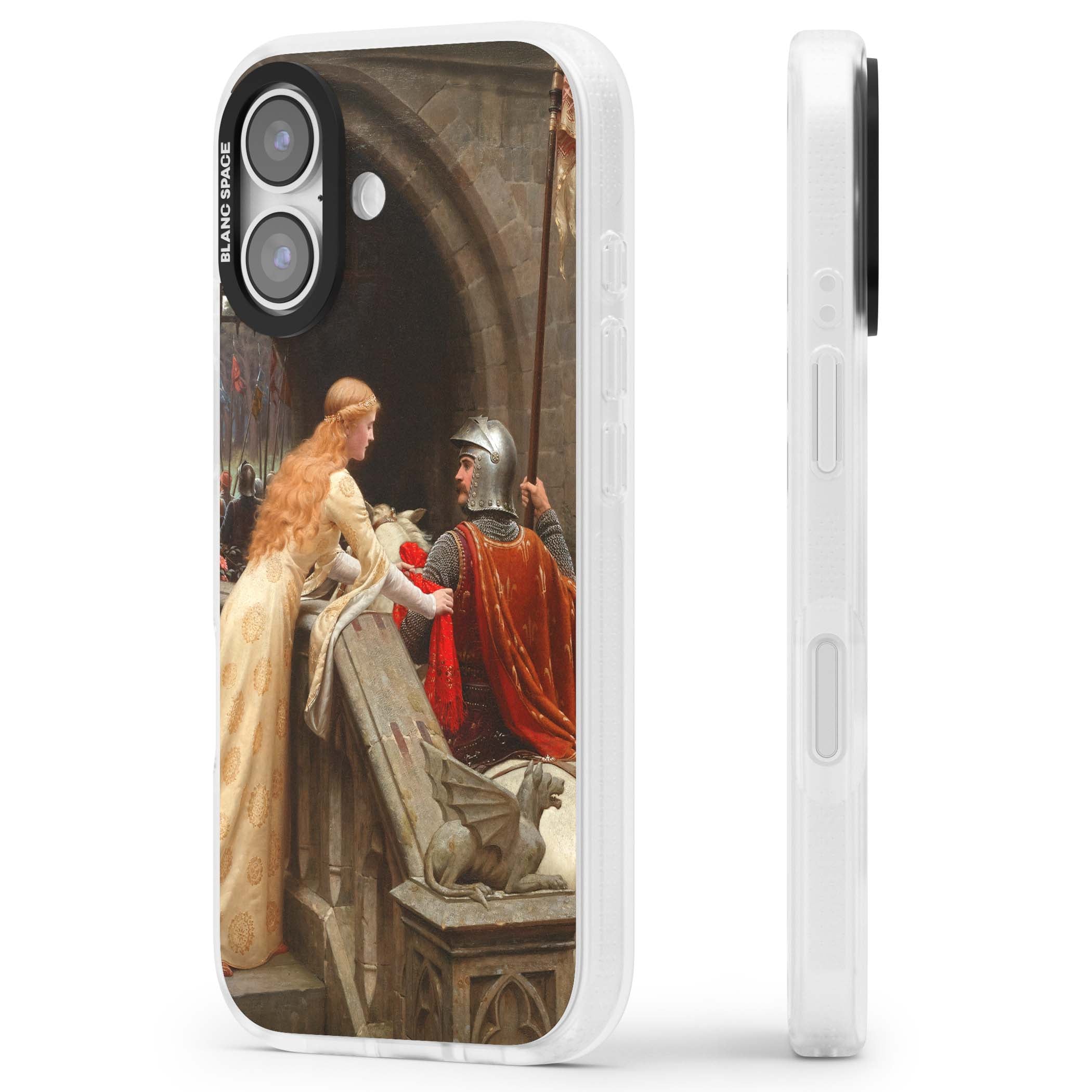 God Speed fine art iPhone case featuring Edmund Blair Leighton's medieval knight and lady beneath a stone archway | Clear Case Impact Air case for iPhone 17
