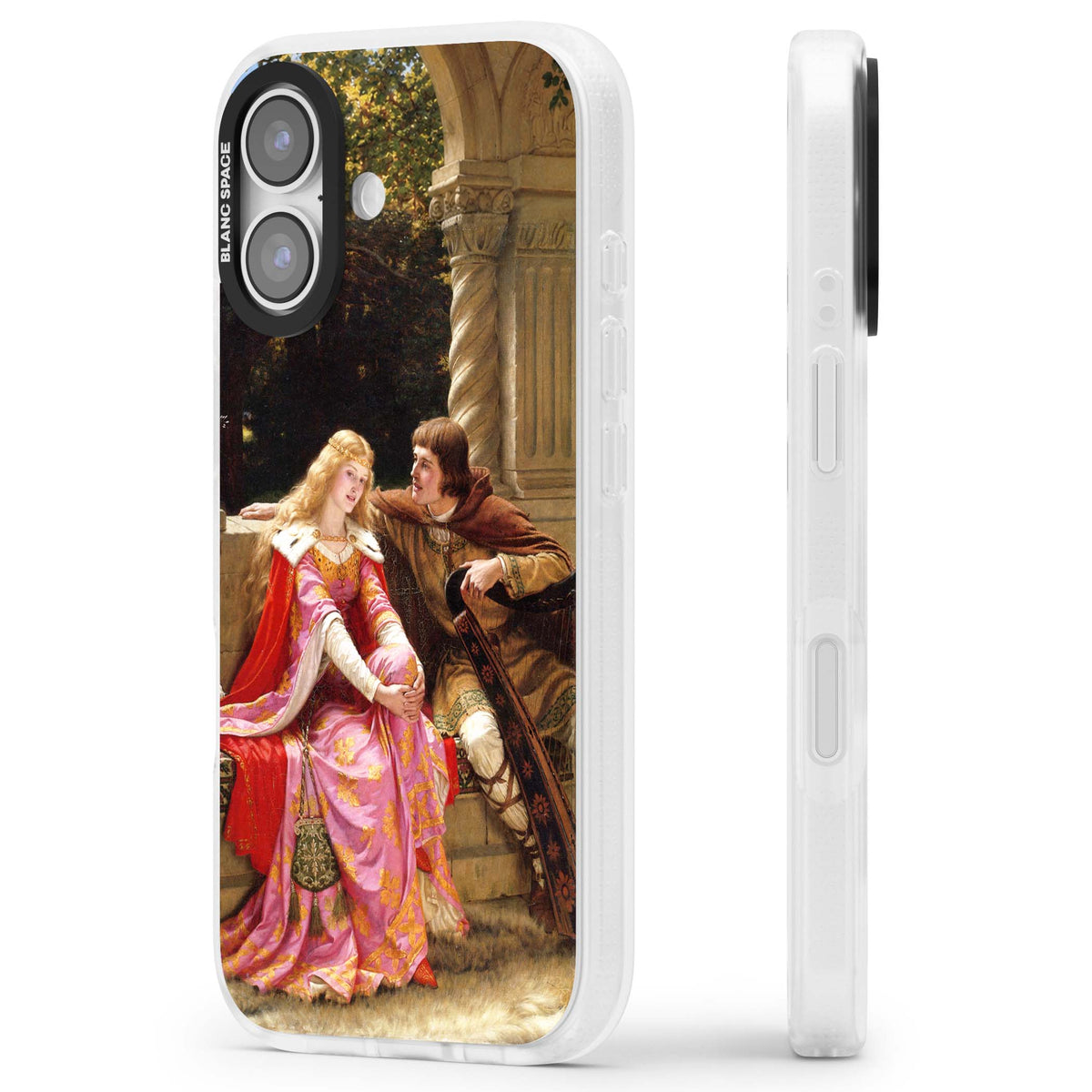 The End of the Song classic art iPhone case featuring a medieval lady in pink gown and her knight in a stone archway | Clear Case Impact Air case for iPhone 17