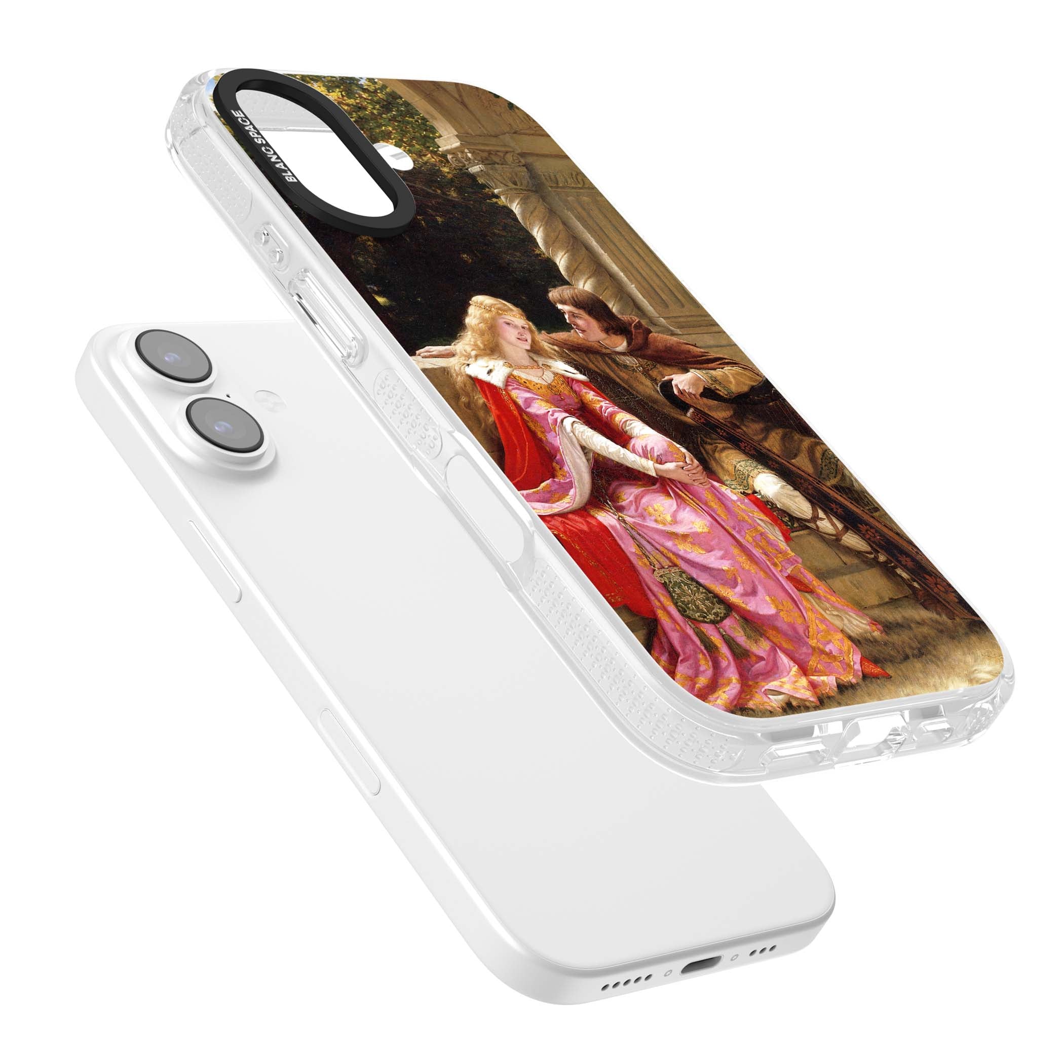 The End of the Song classic art iPhone case featuring a medieval lady in pink gown and her knight in a stone archway | Clear Case Impact Air case for iPhone 17