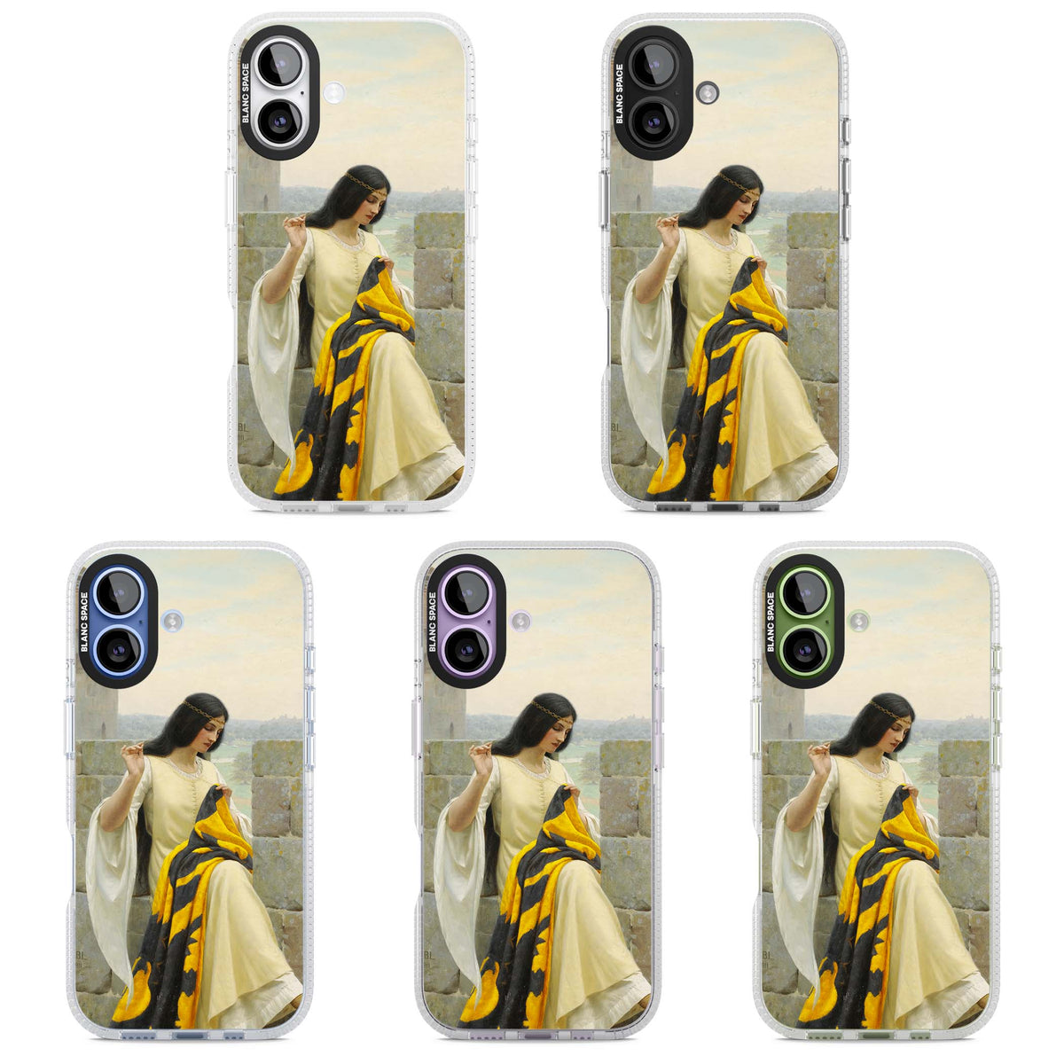Stitching the Standard renaissance art iPhone case featuring a medieval lady sewing a golden banner on a castle wall | Clear Case Impact Air case for iPhone 17