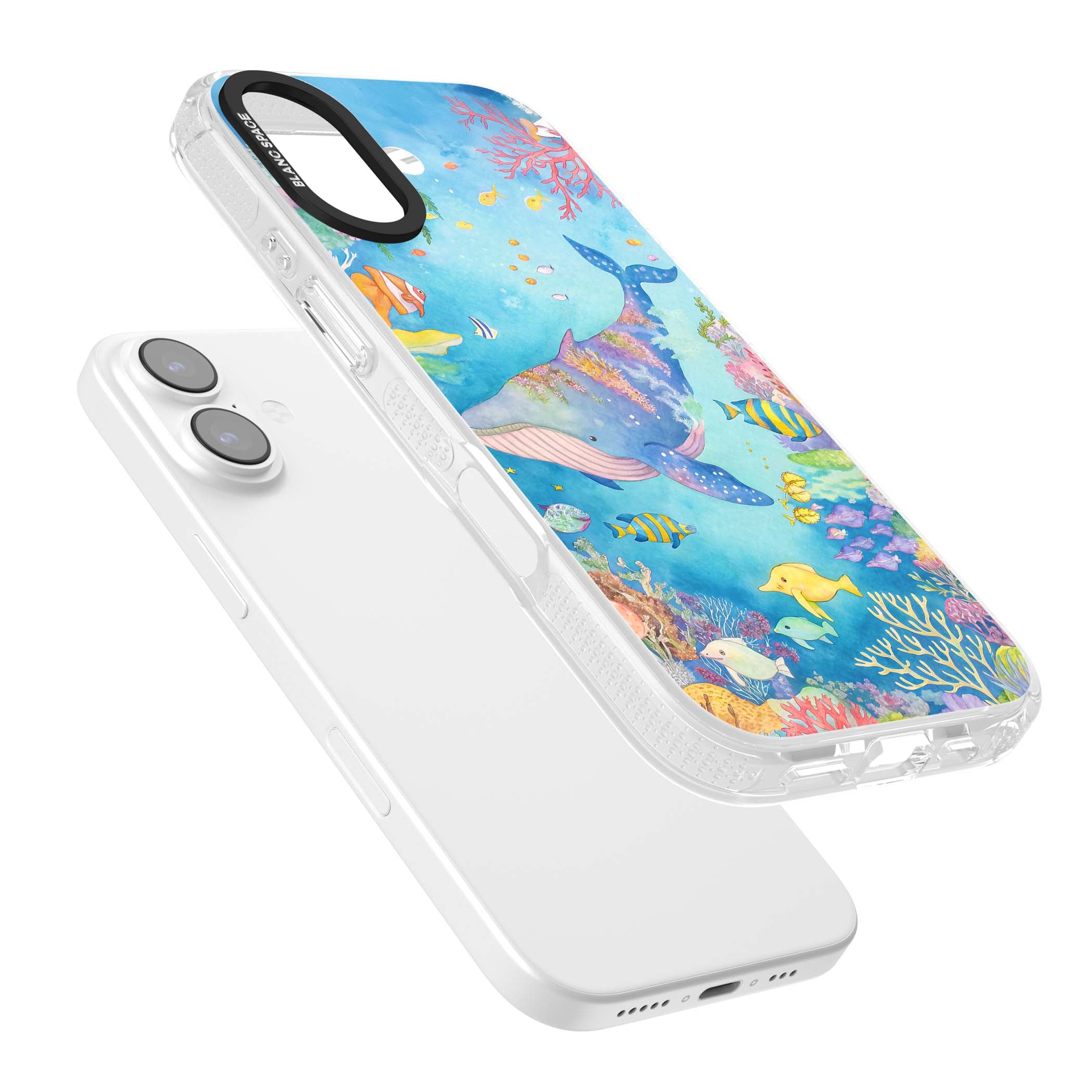 Coral Lagoon ocean iPhone case featuring a watercolour whale, coral reef and tropical fish | Clear Case Impact Air case for iPhone 17