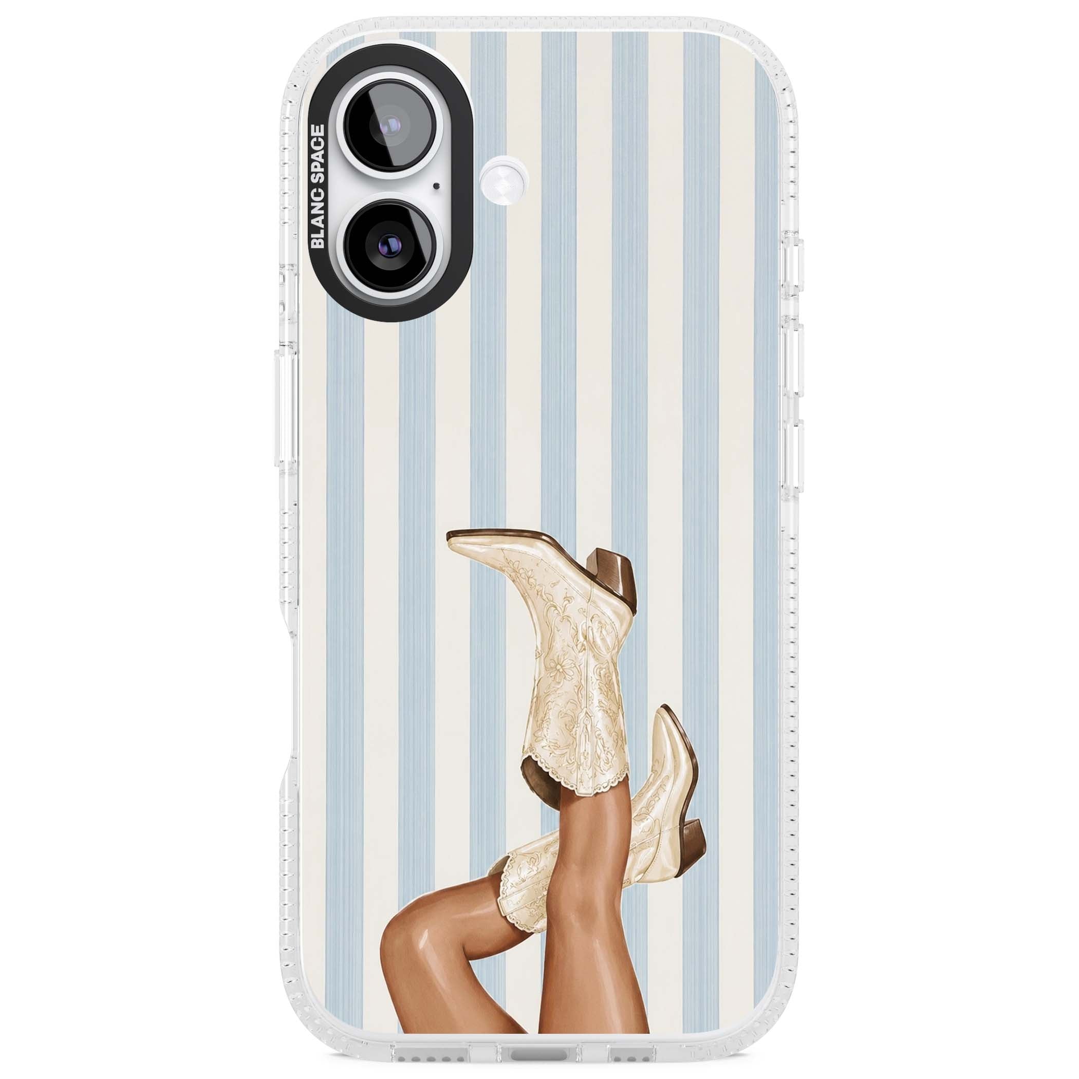 Cowgirl Boots coastal cowgirl iPhone case featuring embroidered western boots, tanned legs and a blue stripe backdrop | Clear Case Impact Air case for iPhone 17