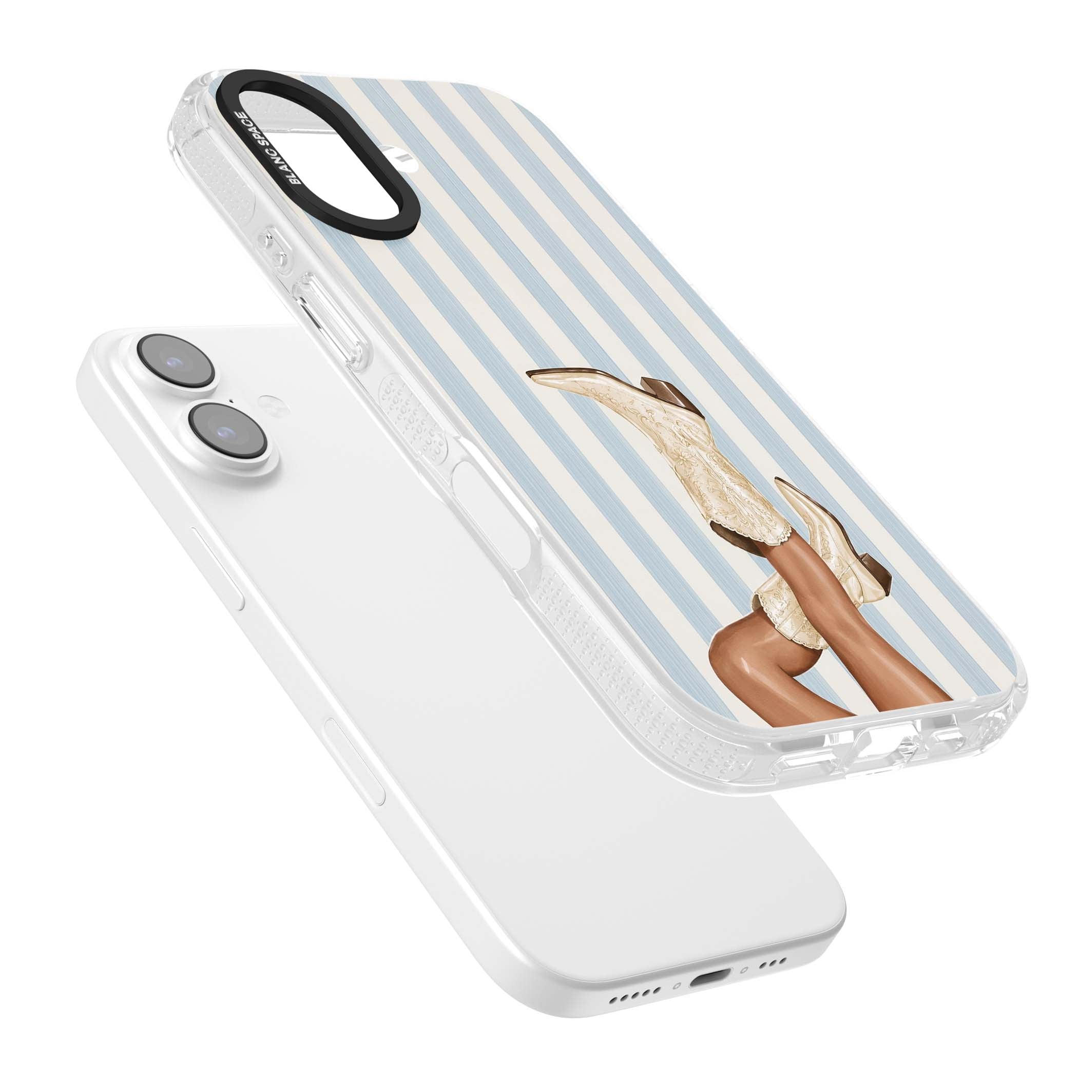 Cowgirl Boots coastal cowgirl iPhone case featuring embroidered western boots, tanned legs and a blue stripe backdrop | Clear Case Impact Air case for iPhone 17