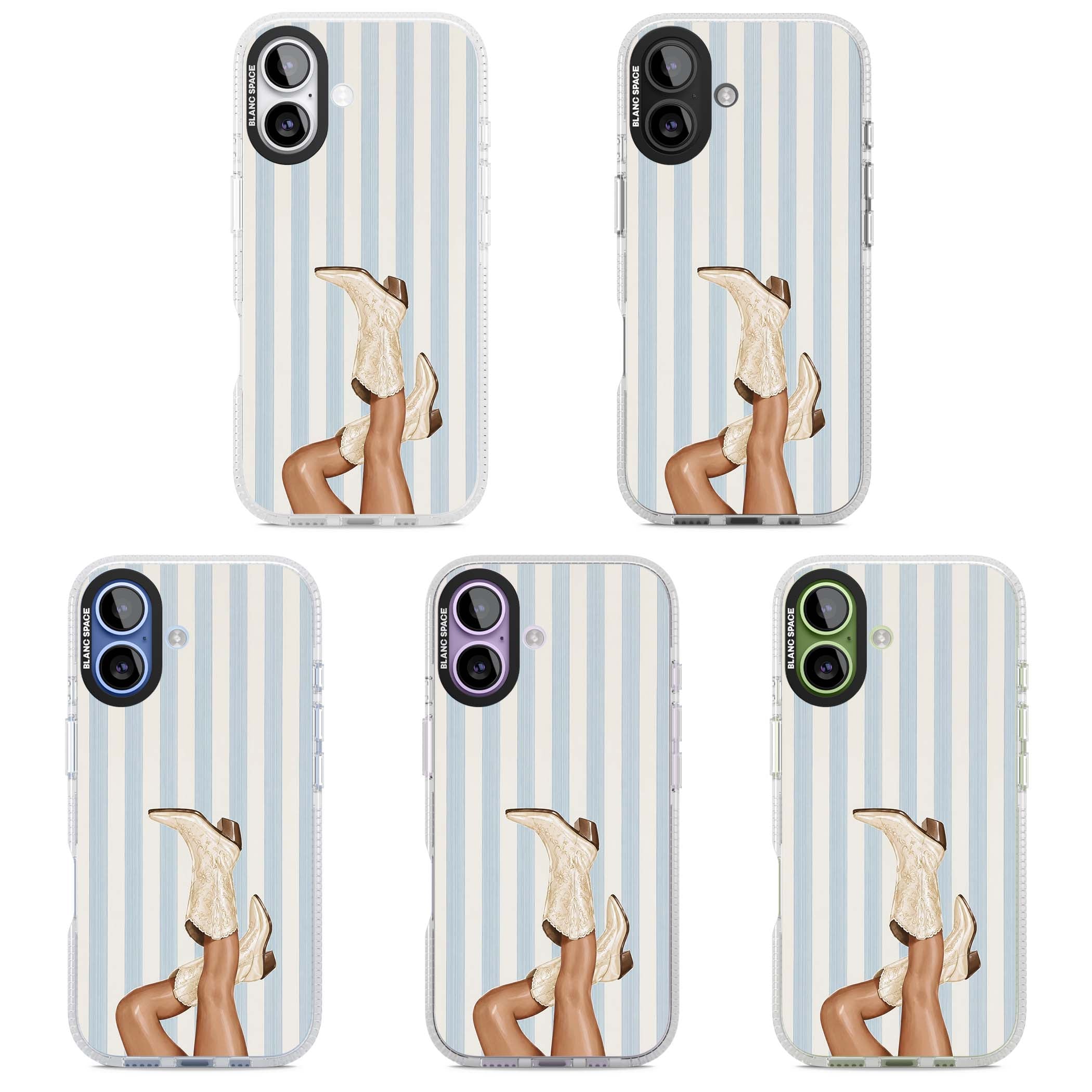 Cowgirl Boots coastal cowgirl iPhone case featuring embroidered western boots, tanned legs and a blue stripe backdrop | Clear Case Impact Air case for iPhone 17