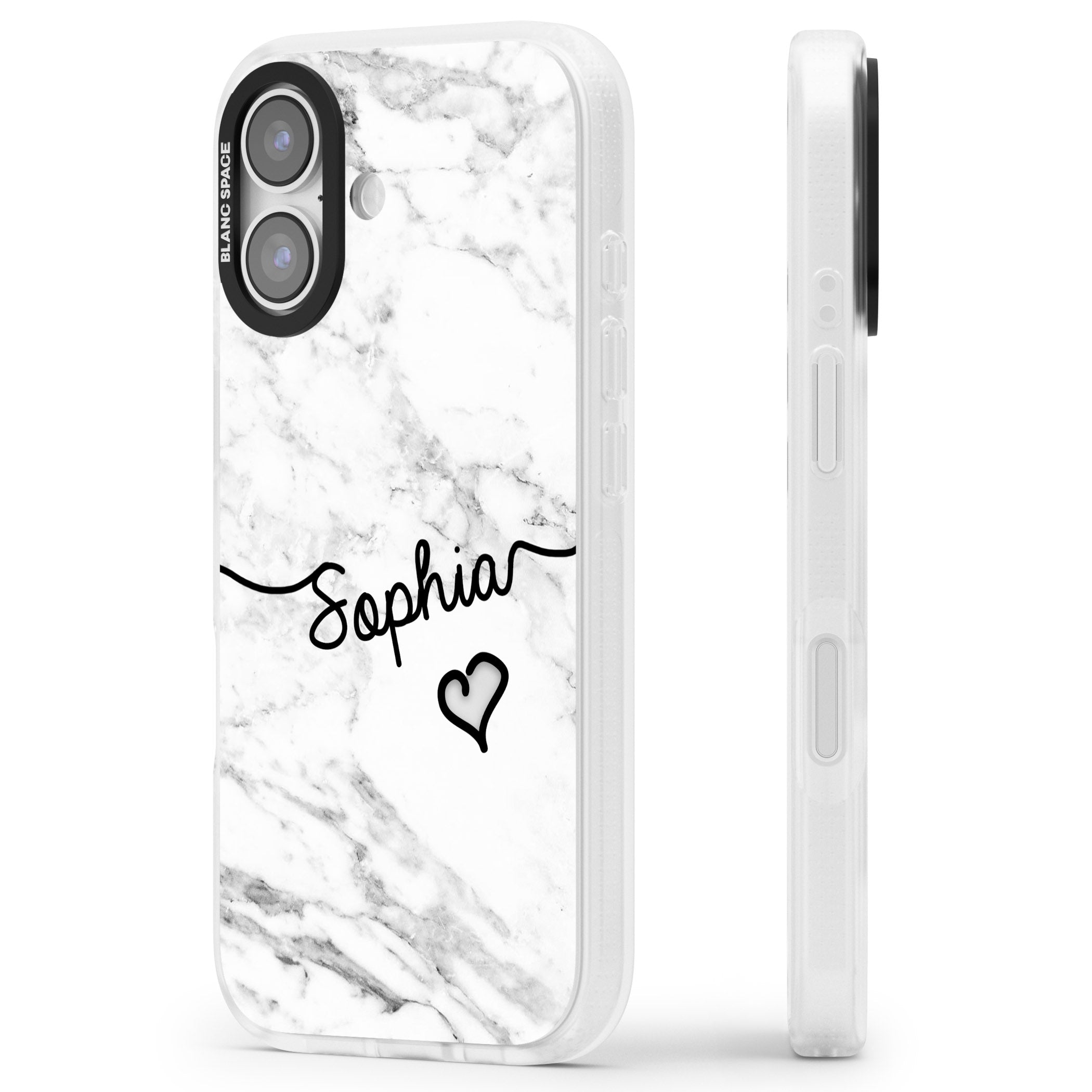 Personalised White Marble Heart iPhone 17 Impact Air Clear Phone Case Side Profile