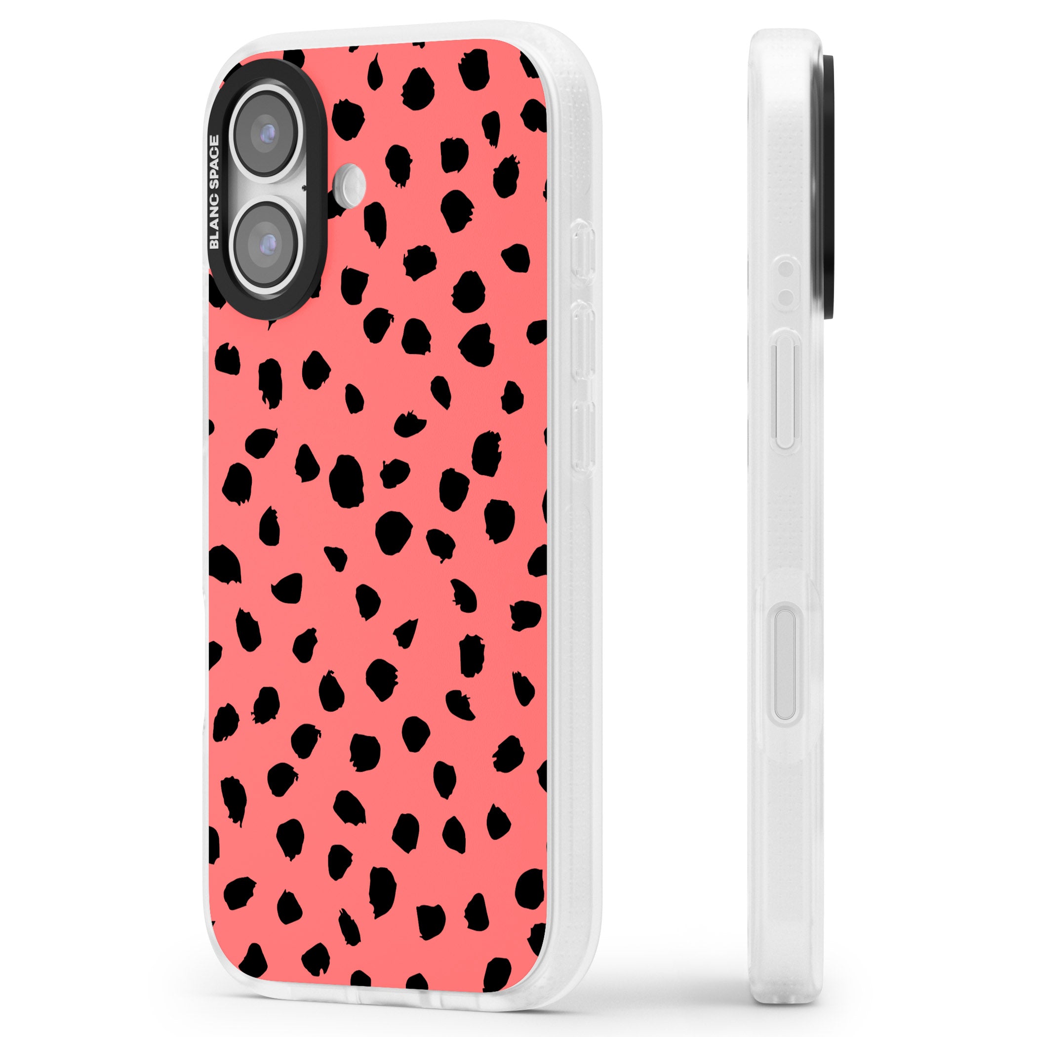 Black Dalmatian Spots On Coral iPhone 17 Impact Air Clear Phone Case Side Profile