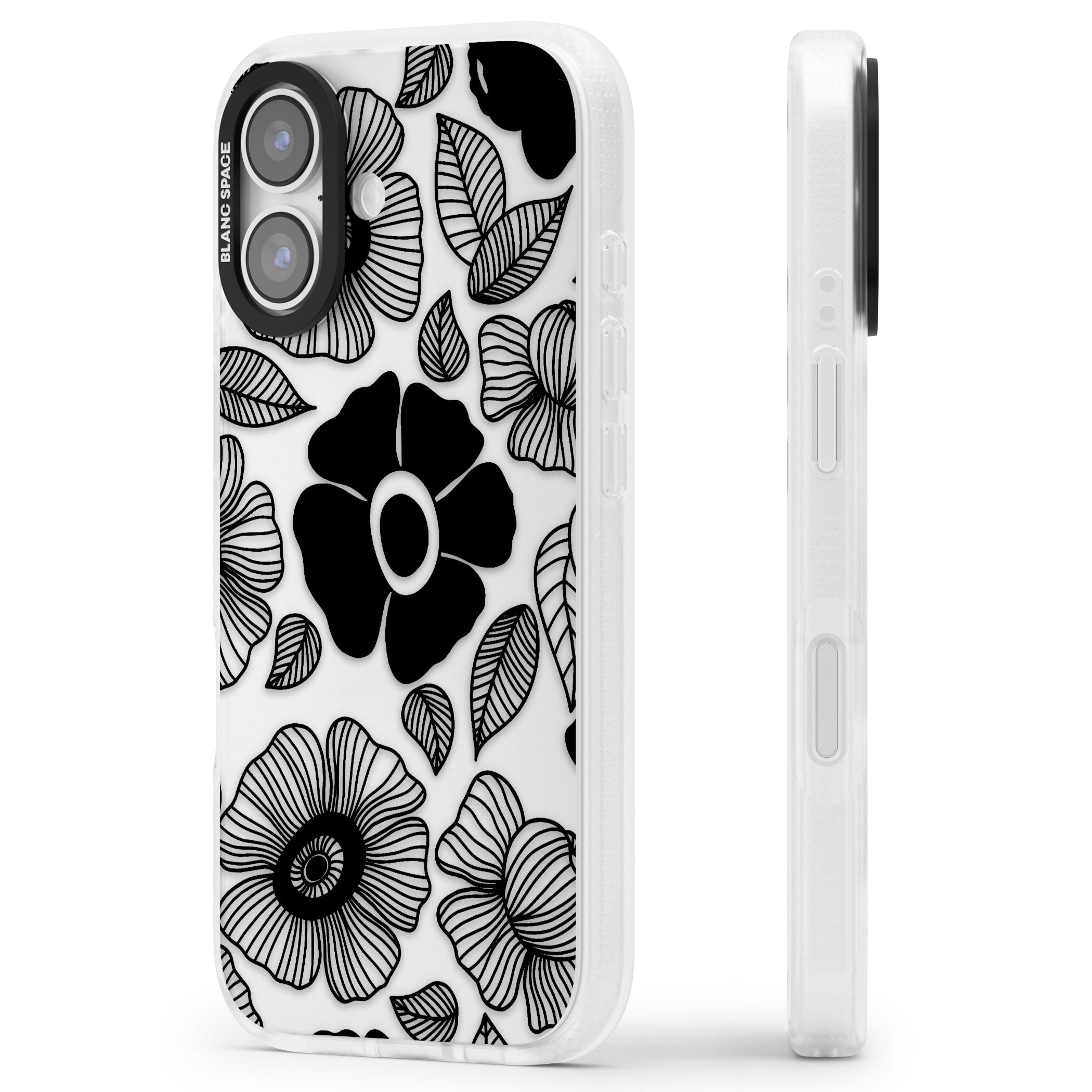 Black Flowers iPhone 17 Impact Air Clear Phone Case Side Profile