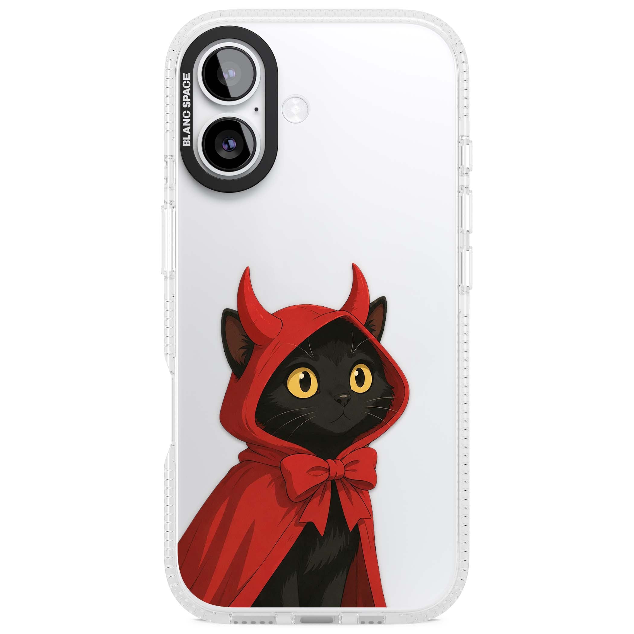Little Devil halloween iPhone case featuring a black cat in a red hooded devil cloak with horns and golden eyes | Clear Case Impact Air case for iPhone 17