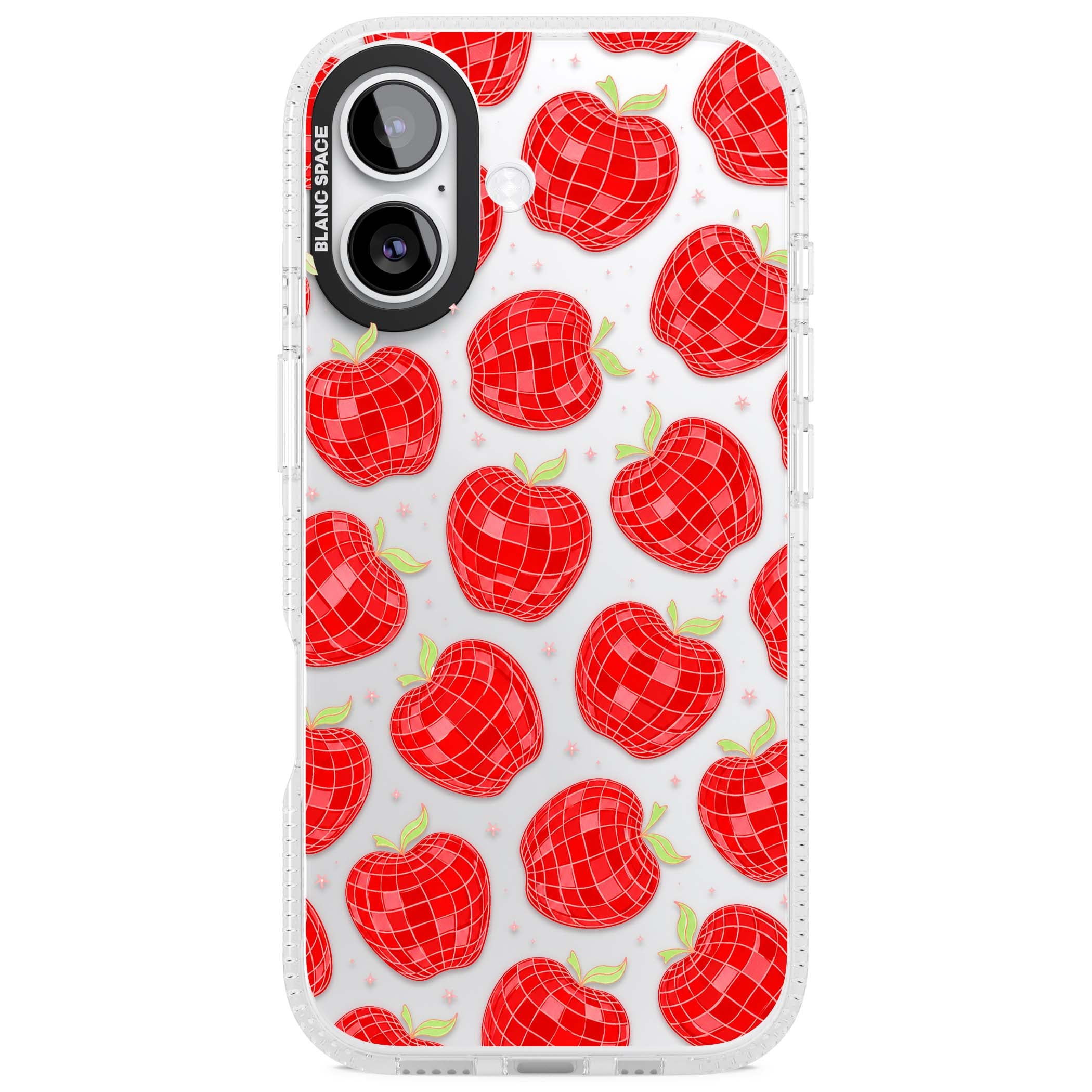 Disco Apples Y2K iPhone case featuring red disco ball apples, green leaves and pink sparkles on clear | Clear Case Impact Air case for iPhone 17