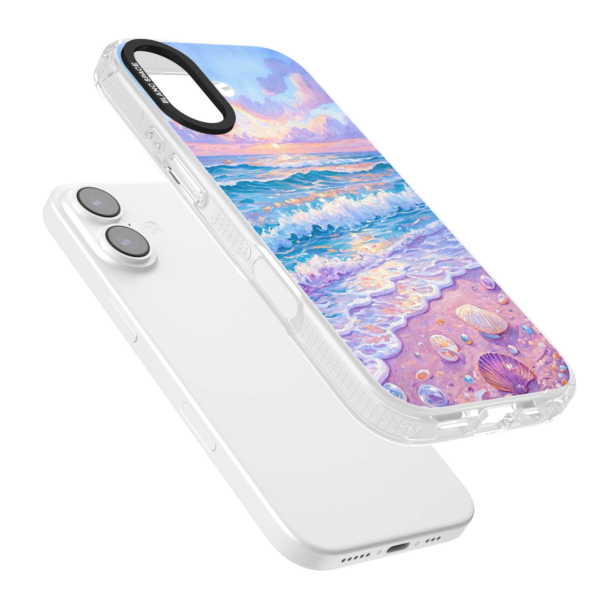 Pearl Shore coastal iPhone case featuring pastel painted waves, seashells, and a sunrise sky over a lavender beach. | Clear Case Impact Air case for iPhone 17