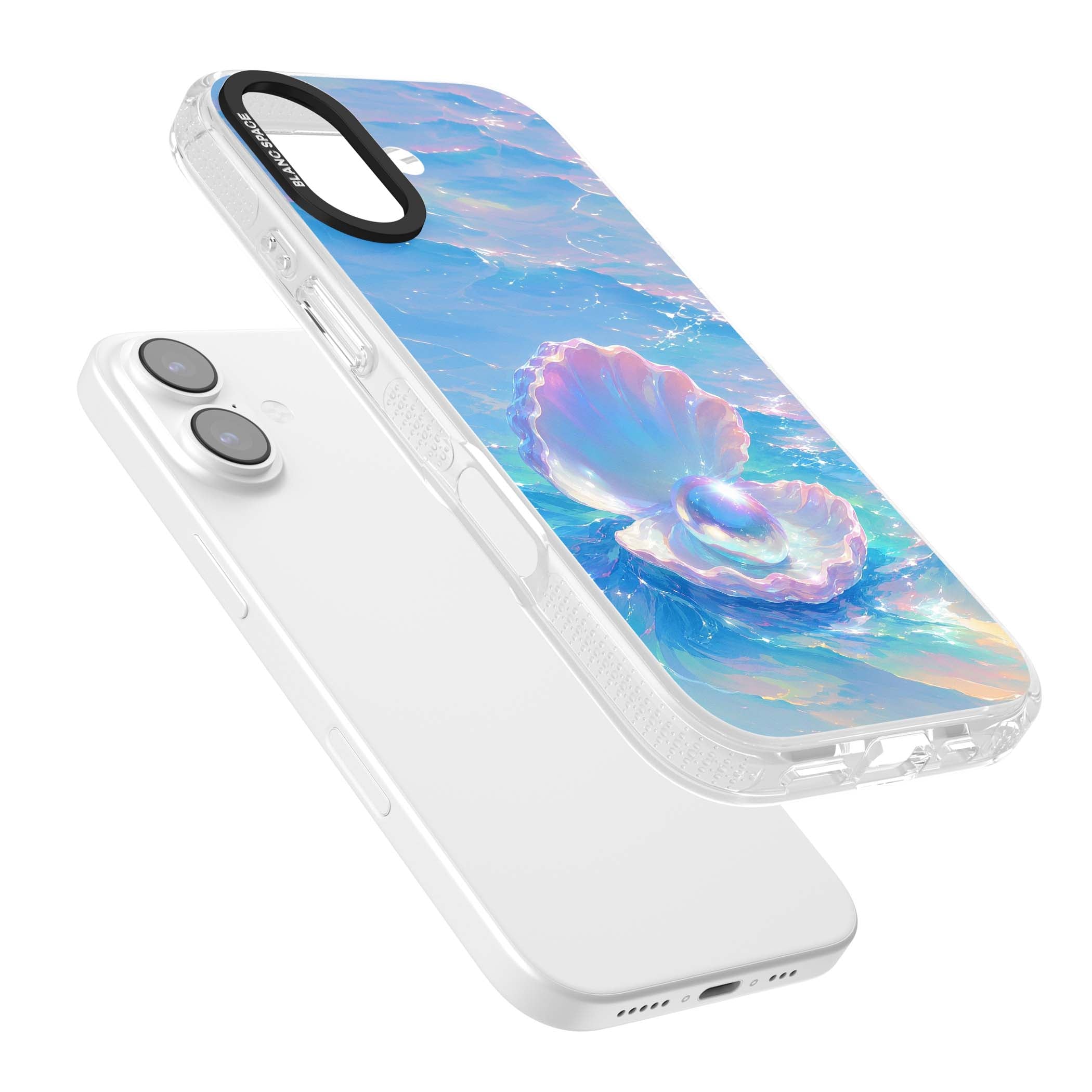 The Pearl Clam mermaidcore iPhone case featuring iridescent seashell, glowing pearl and pastel ocean waves | Clear Case Impact Air case for iPhone 17