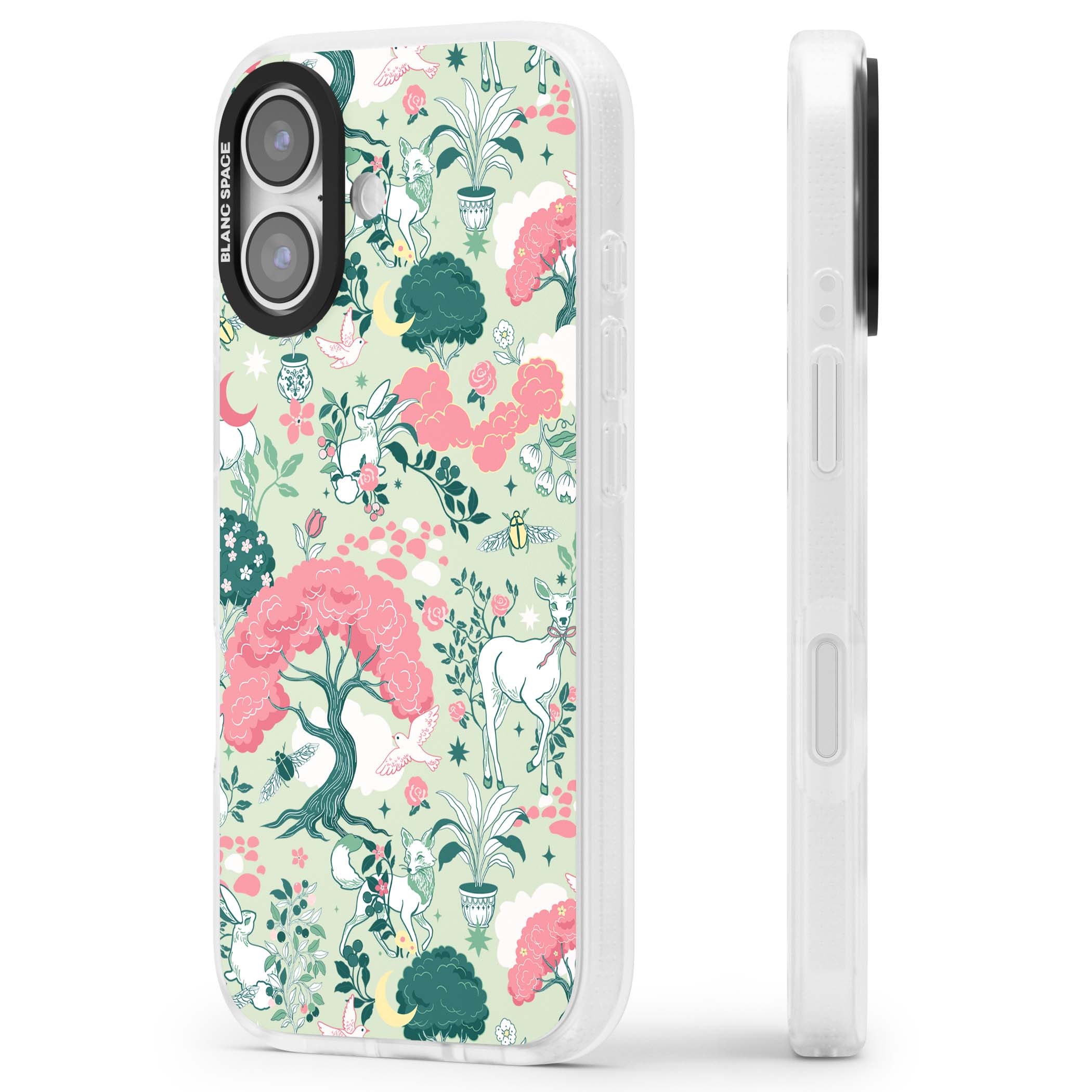 Enchanted Woodland cottagecore iPhone case featuring white deer, pink roses, mushrooms and woodland animals on sage green | Clear Case Impact Air case for iPhone 17