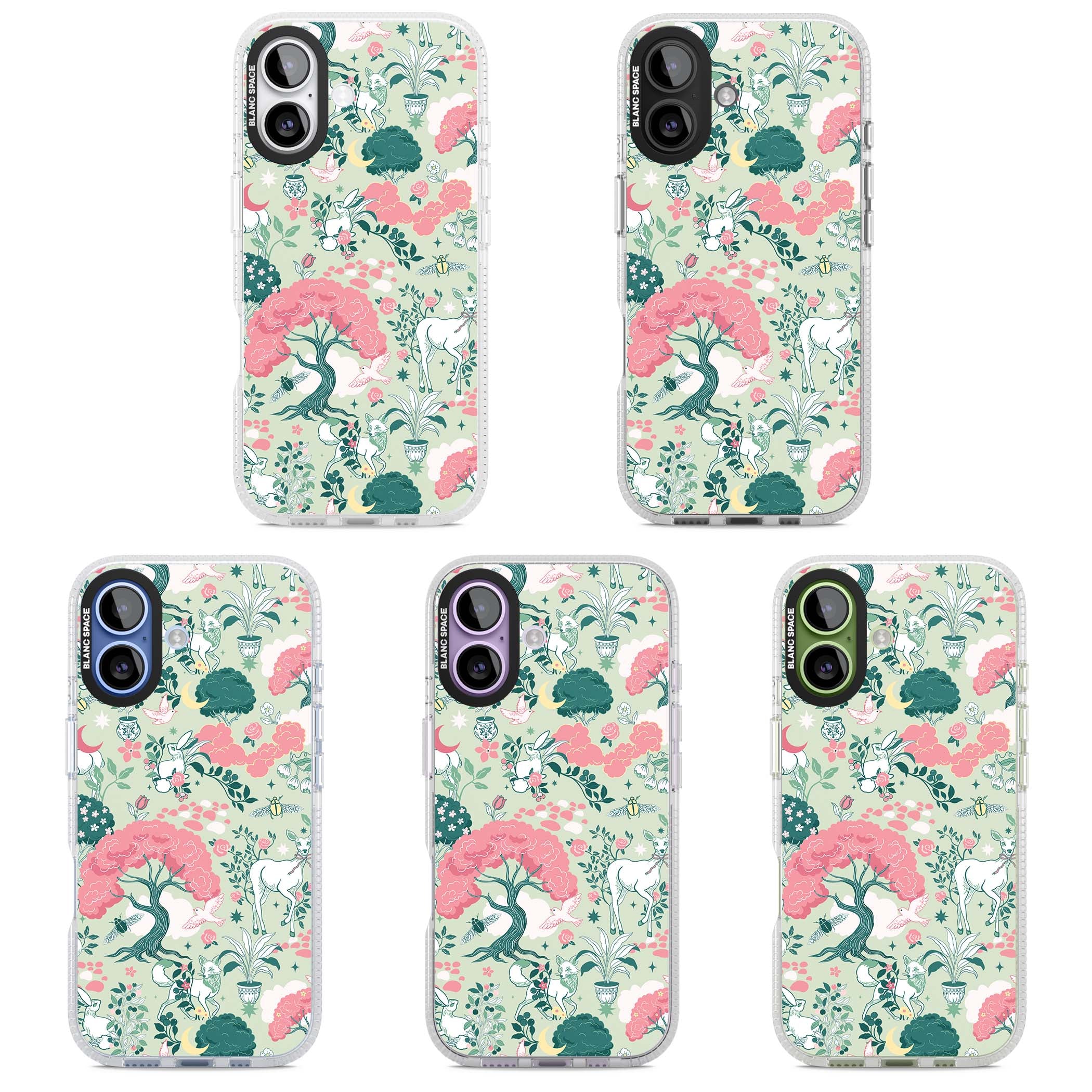 Enchanted Woodland cottagecore iPhone case featuring white deer, pink roses, mushrooms and woodland animals on sage green | Clear Case Impact Air case for iPhone 17
