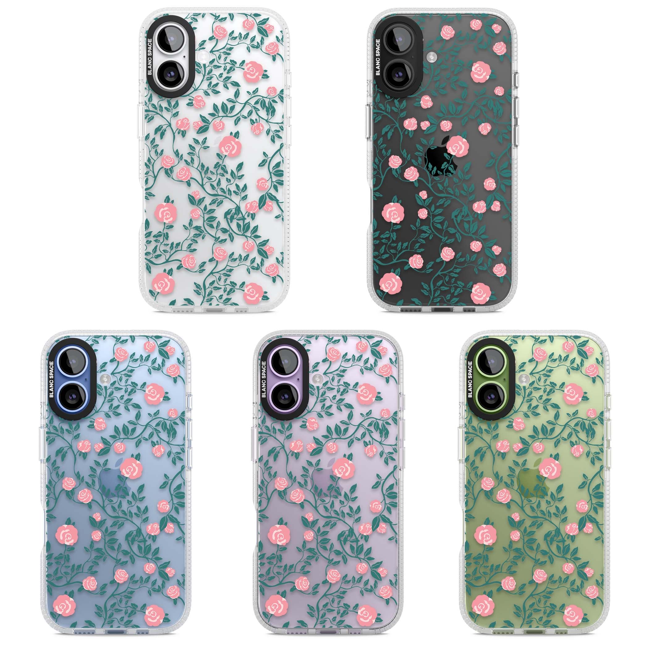 Rose Trellis (Clear) cottagecore iPhone case featuring pink climbing roses and green leaves on clear background | Clear Case Impact Air case for iPhone 17
