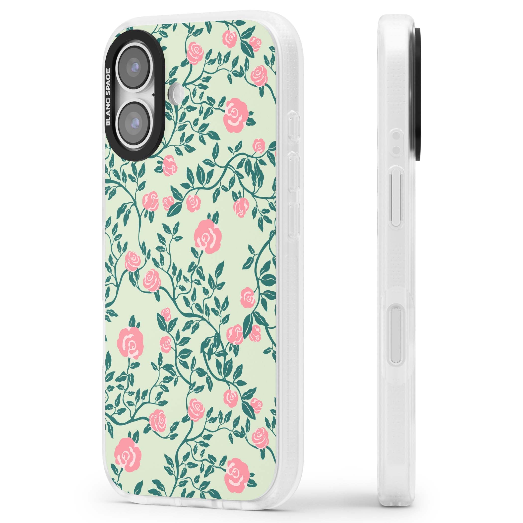 Rose Trellis cottagecore iPhone case featuring pink roses, sage green vines, and mint background | Clear Case Impact Air case for iPhone 17
