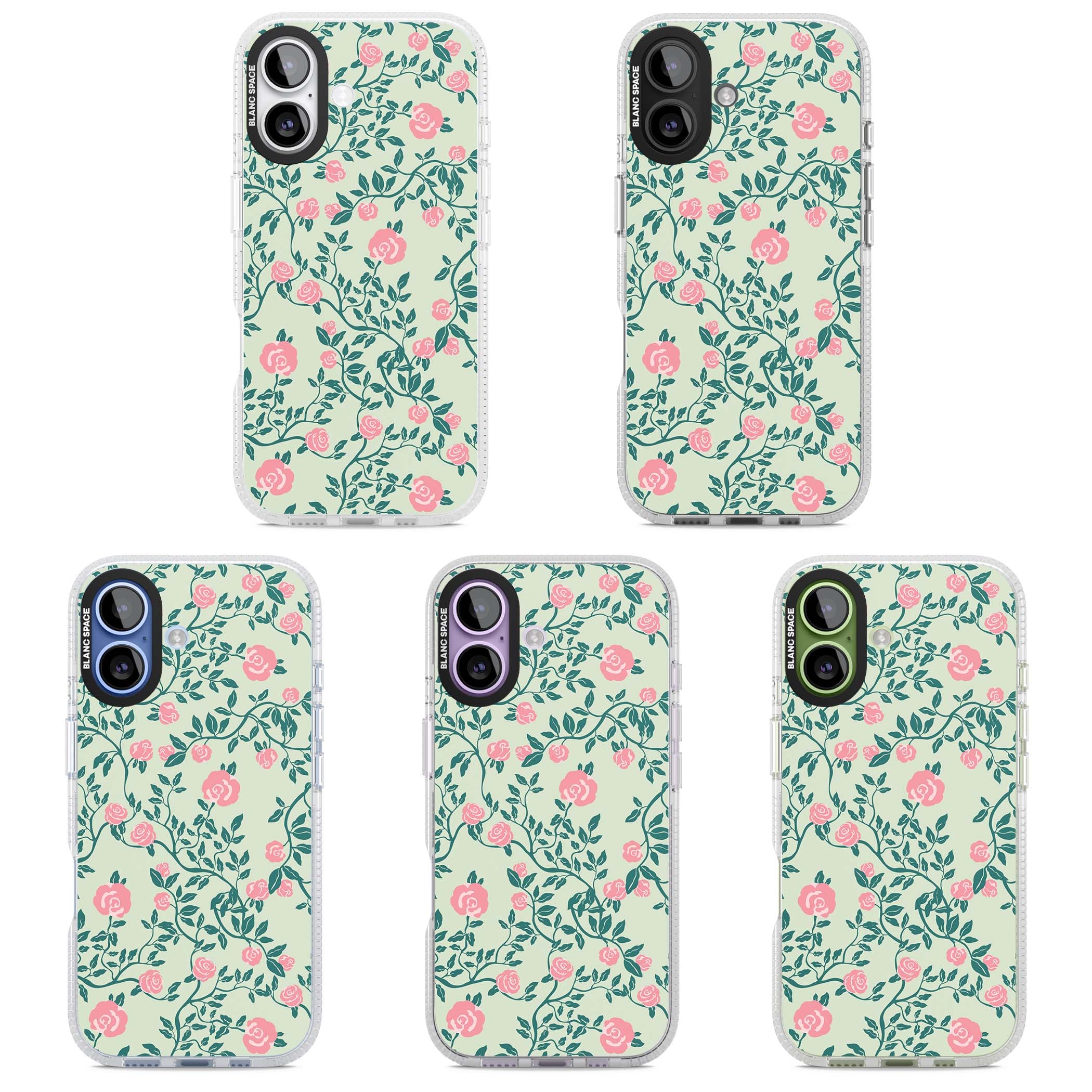Rose Trellis cottagecore iPhone case featuring pink roses, sage green vines, and mint background | Clear Case Impact Air case for iPhone 17