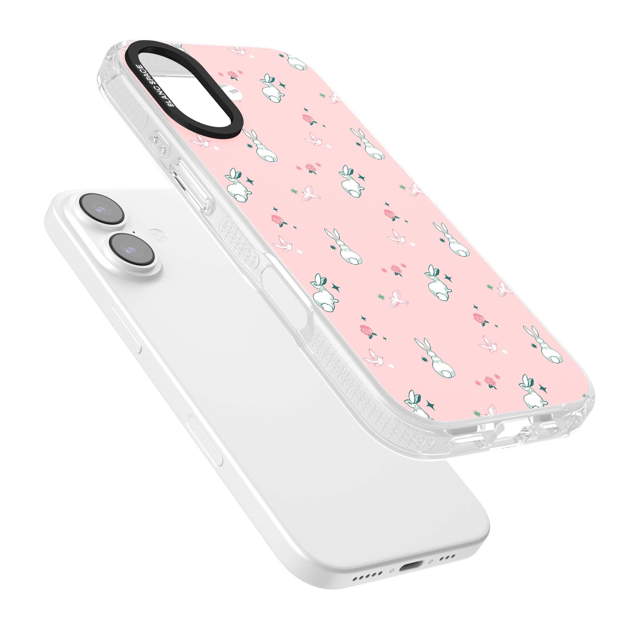 Bunny Garden kawaii iPhone case featuring white rabbits, pink roses, doves and stars on pink background | Clear Case Impact Air case for iPhone 17