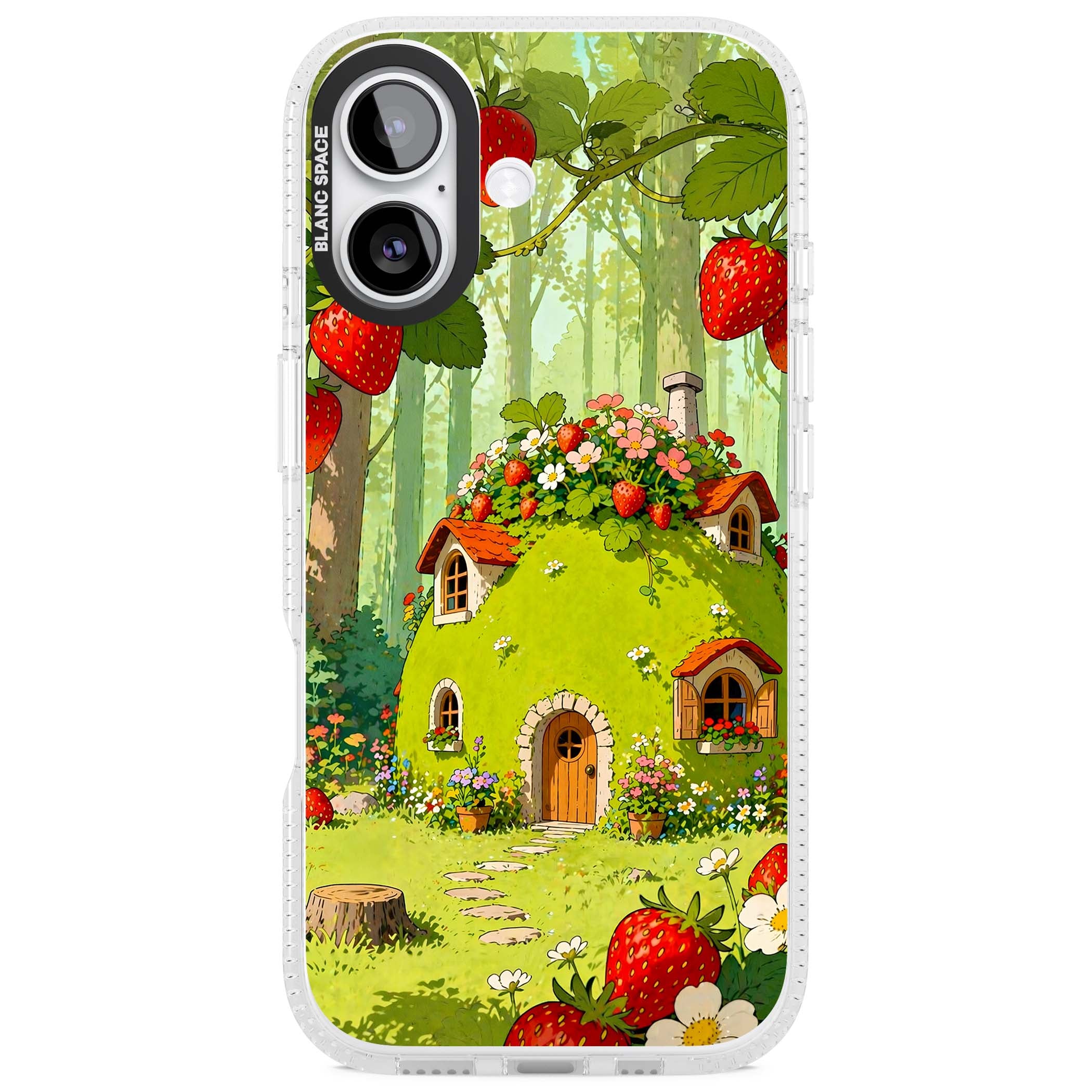 Strawberry Cottage cottagecore iPhone case featuring a green fairy house, wild strawberries and enchanted forest flowers | Clear Case Impact Air case for iPhone 17